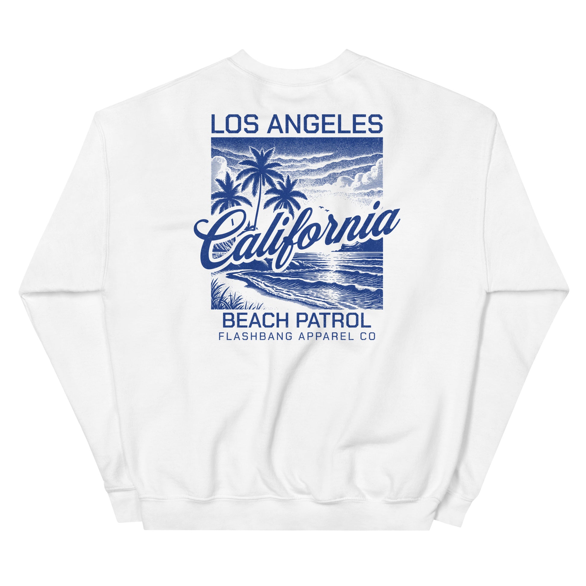 White sweatshirt with blue 'Los Angeles California Beach Patrol' design on a white background