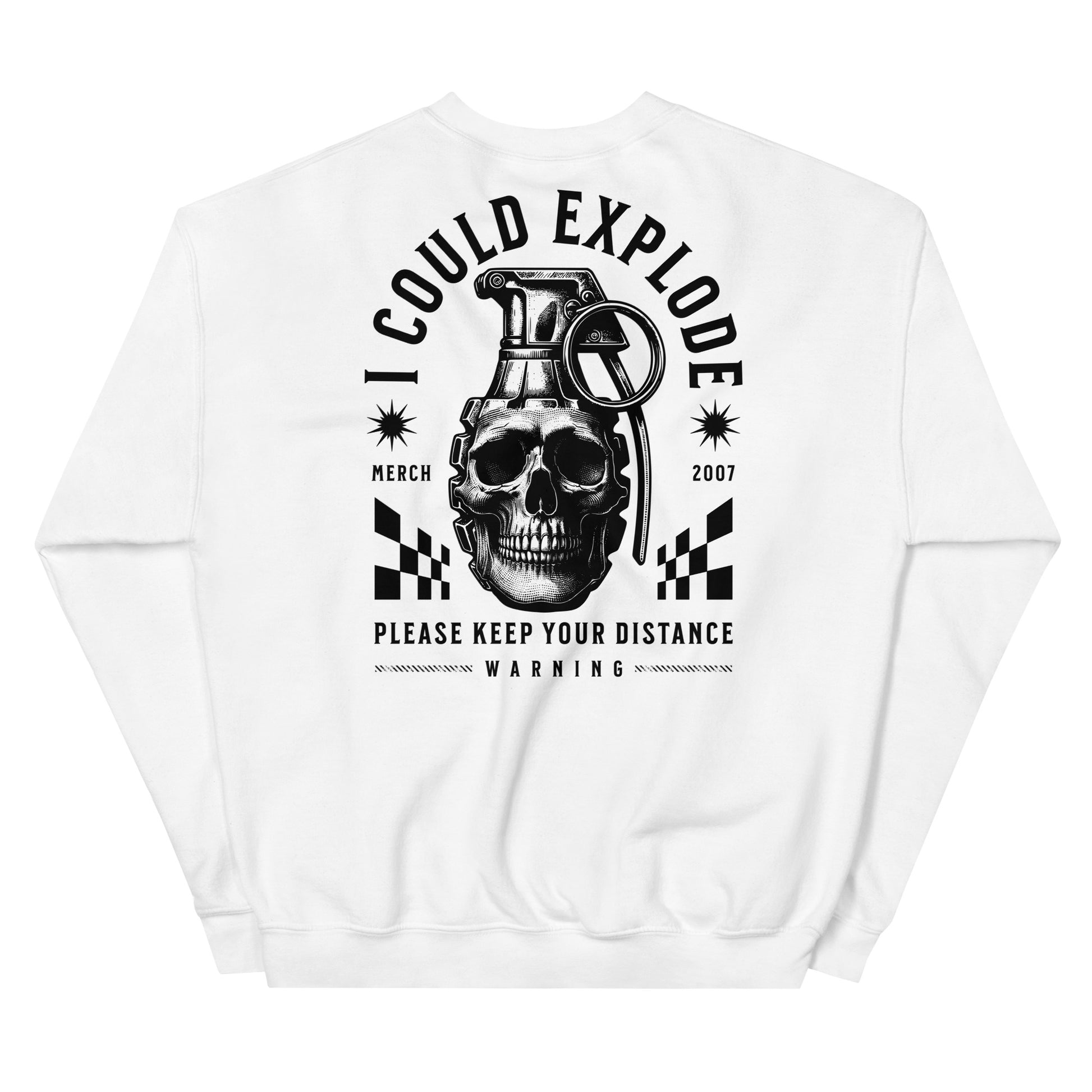 White sweatshirt with black graphic design featuring a skull and grenade on a white background