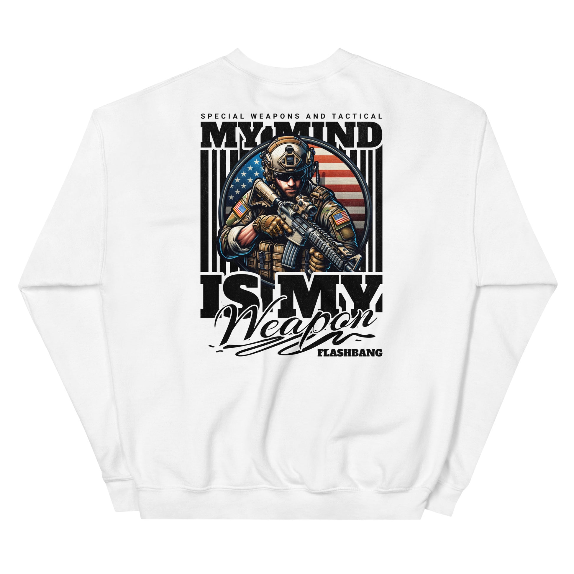 White sweatshirt with graphic design of a soldier and text on a white background