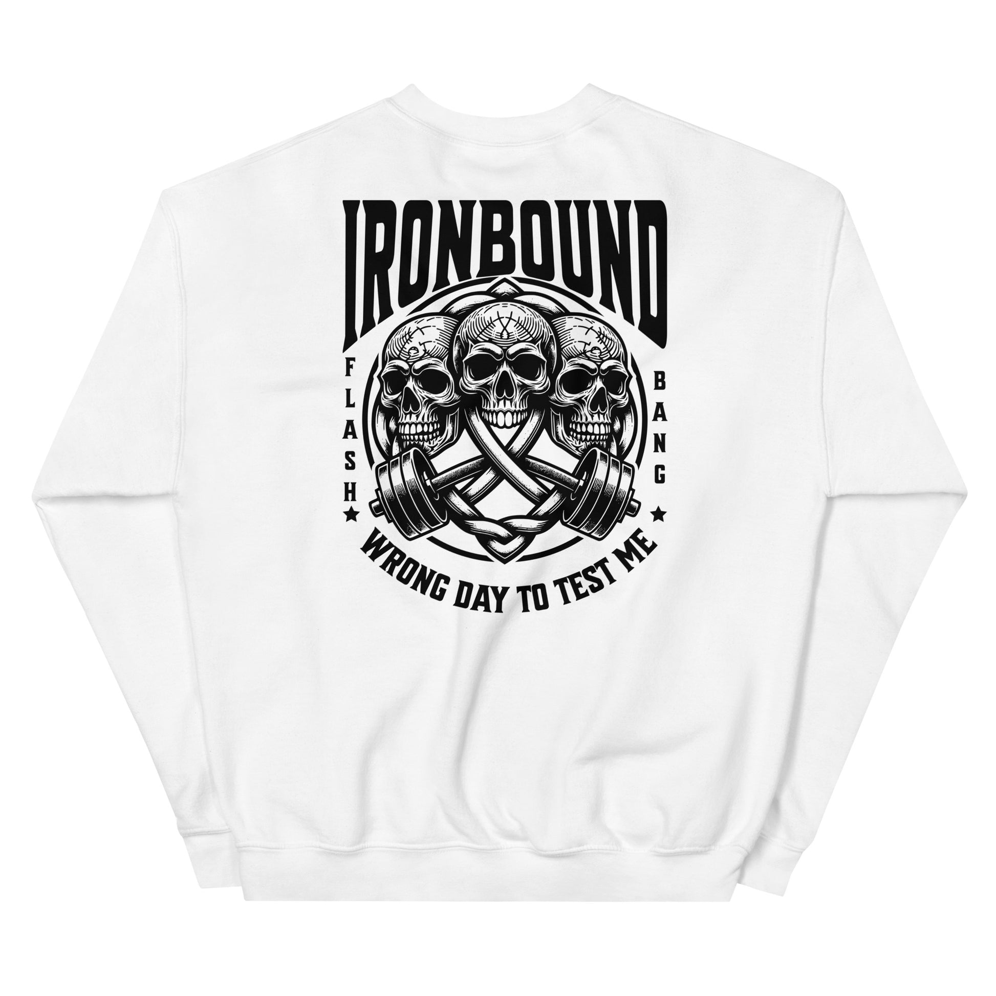 White sweatshirt with black graphic design and text on a white background