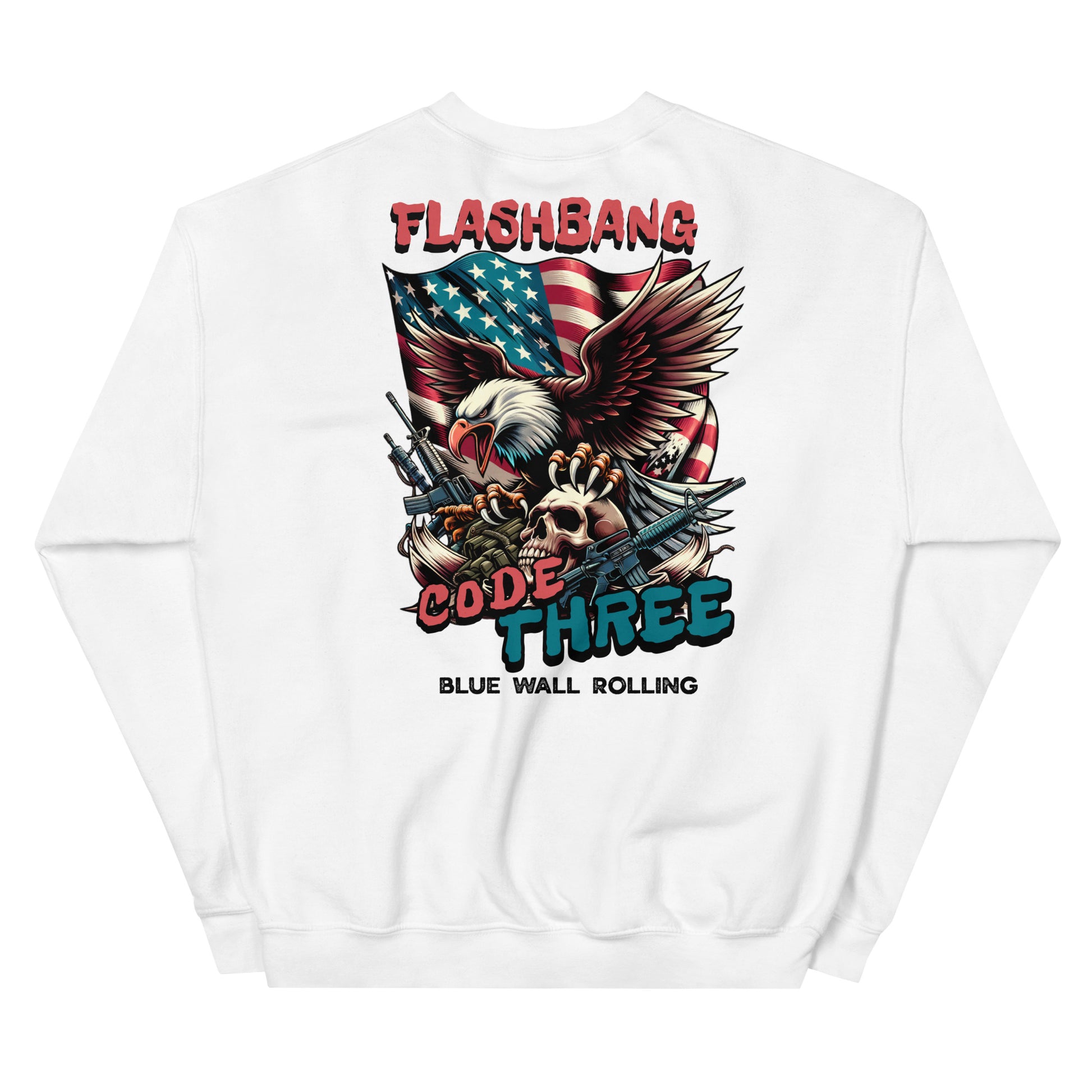 White sweatshirt with graphic design featuring an eagle, skull, and American flag on a white background