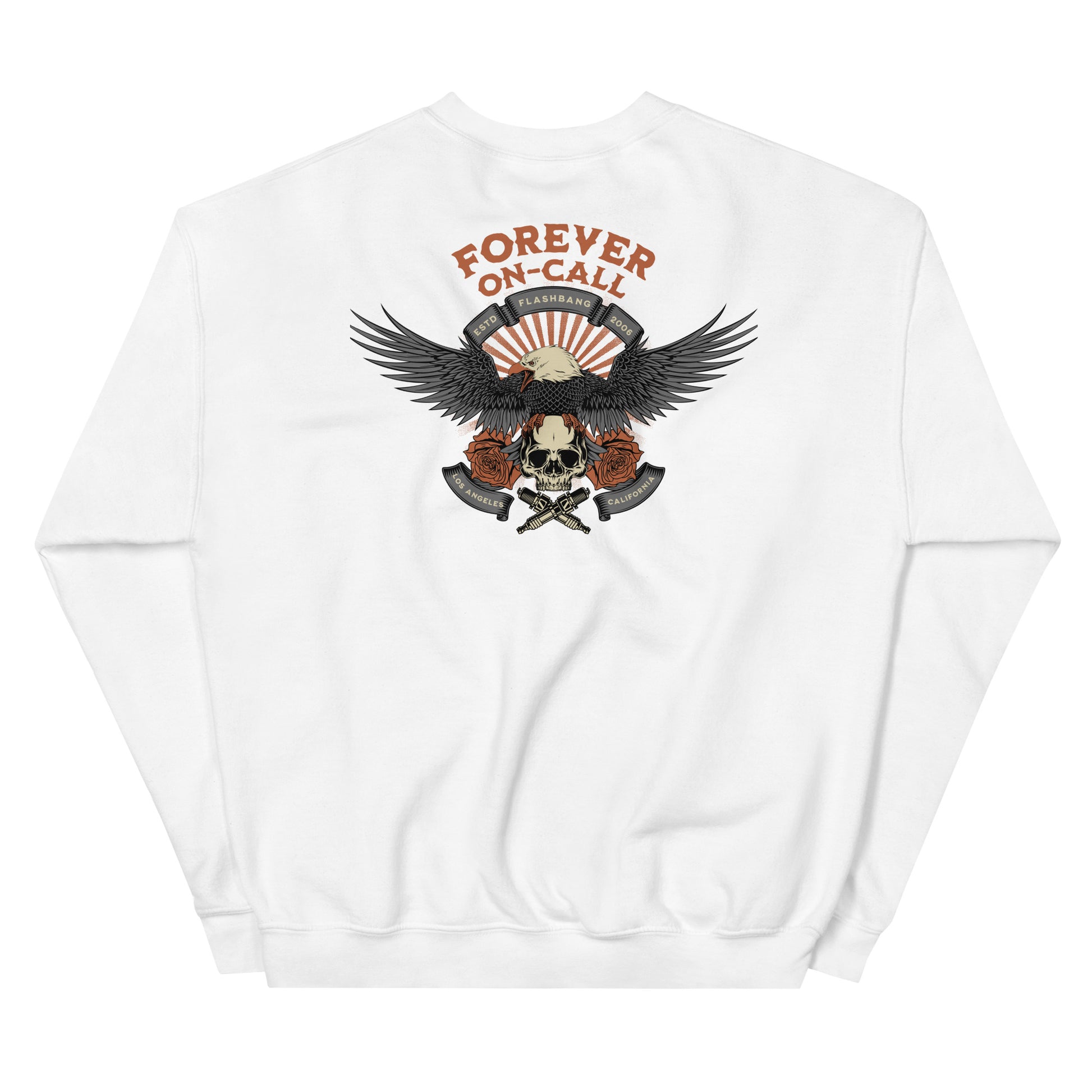 White sweatshirt with eagle and skull design on the back, featuring text 'Forever on Call'.
