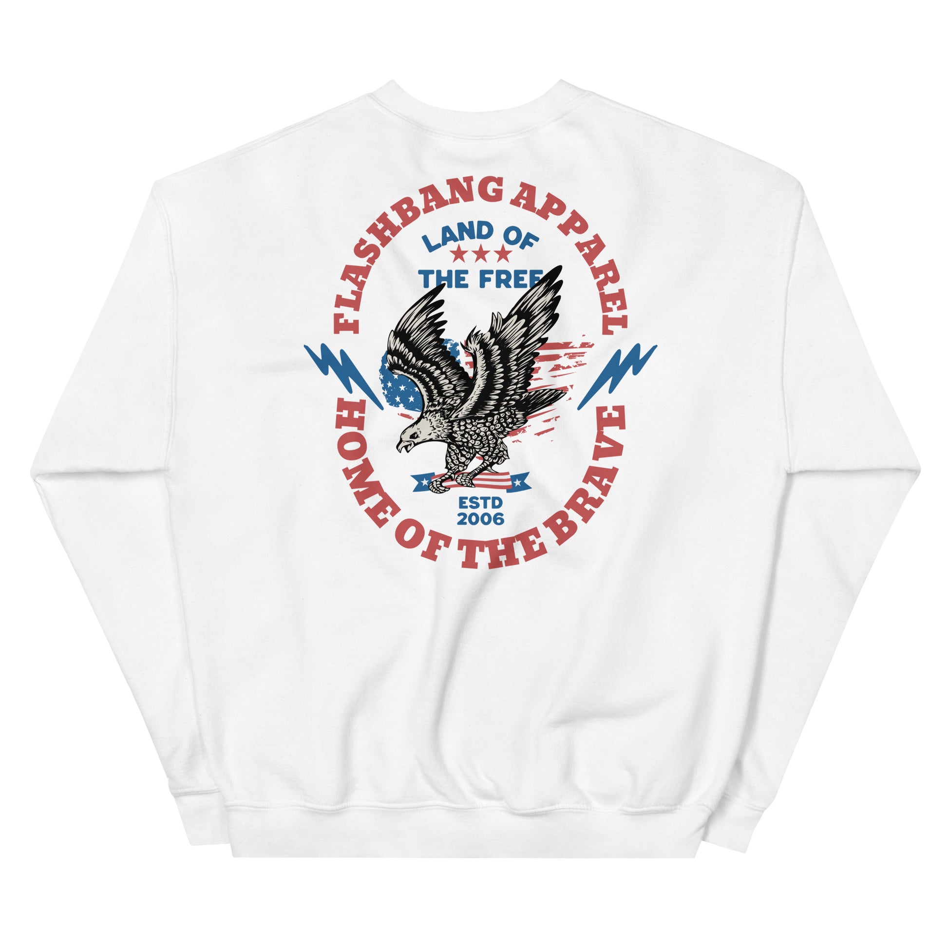 White sweatshirt with an eagle graphic and text on a white background