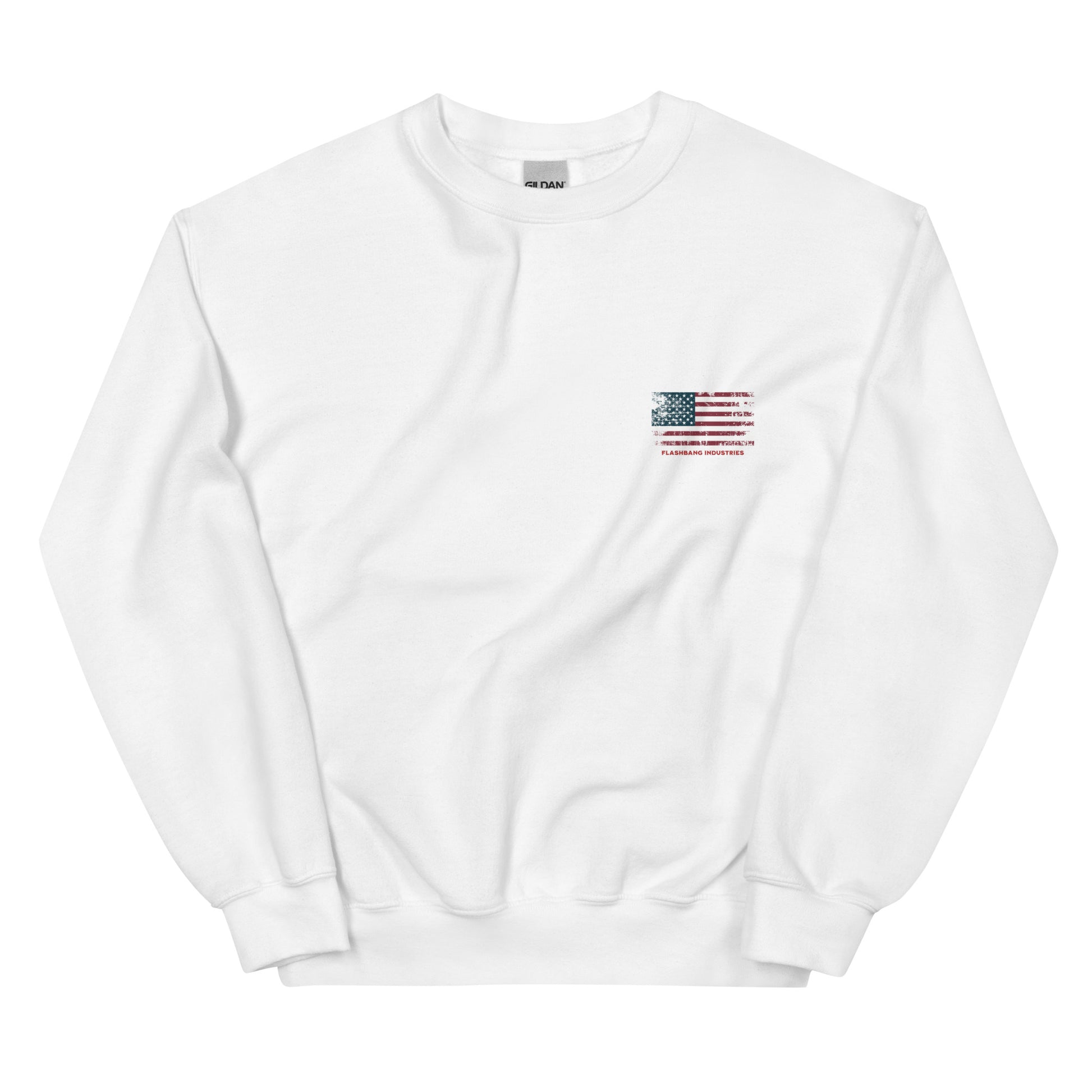 White sweatshirt with a small American flag patch on a white background