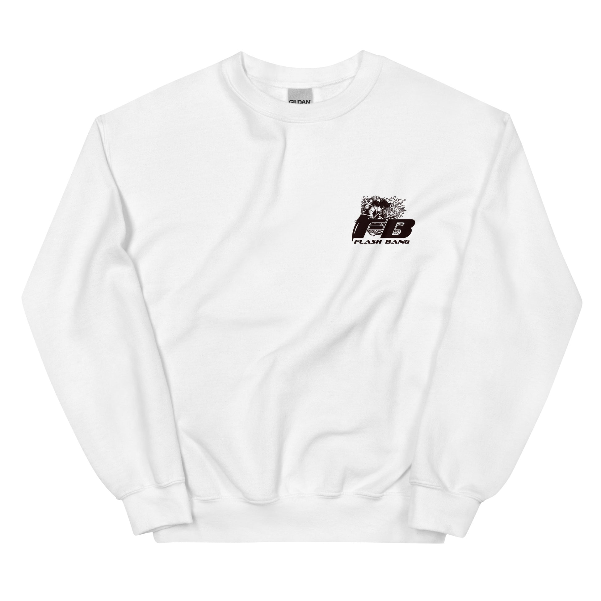 White sweatshirt with a black logo on a white background