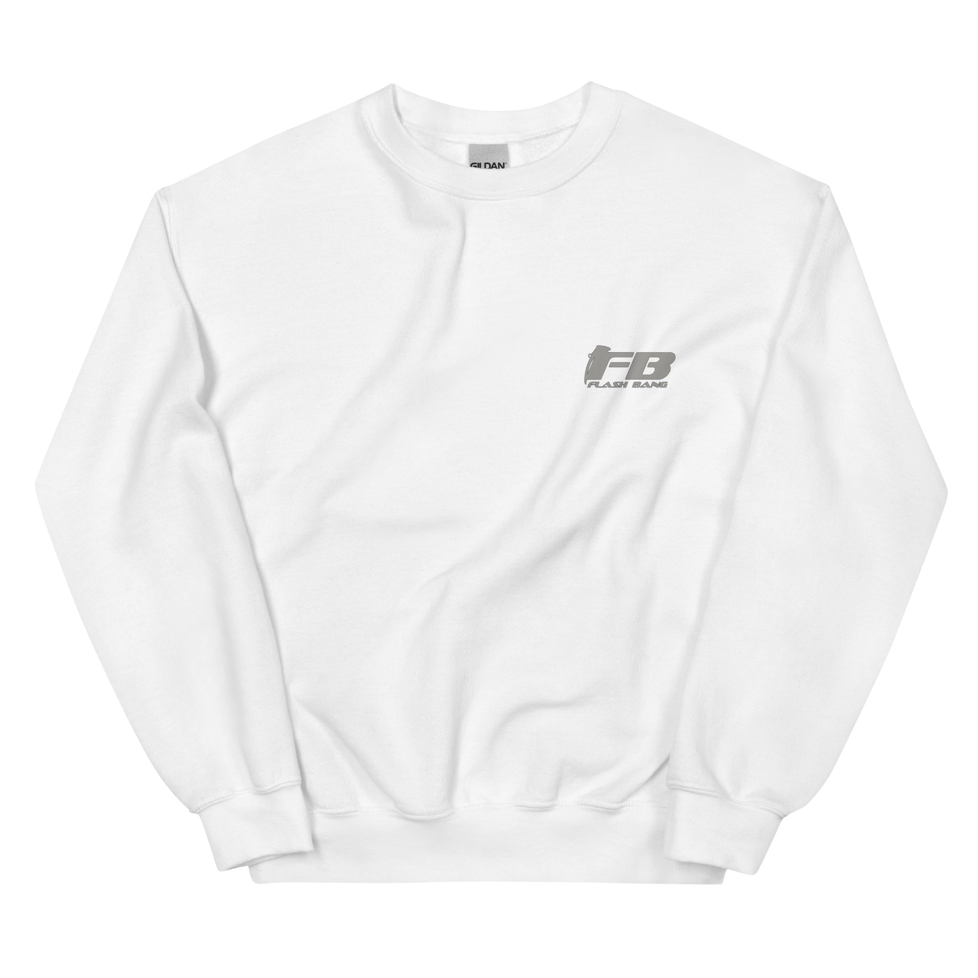 White sweatshirt with a logo on a white background