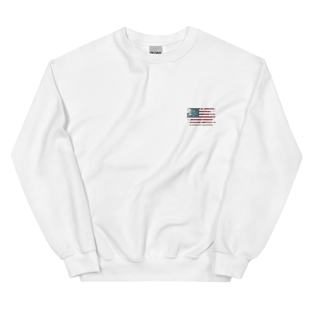 White sweatshirt with a small American flag patch on a white background