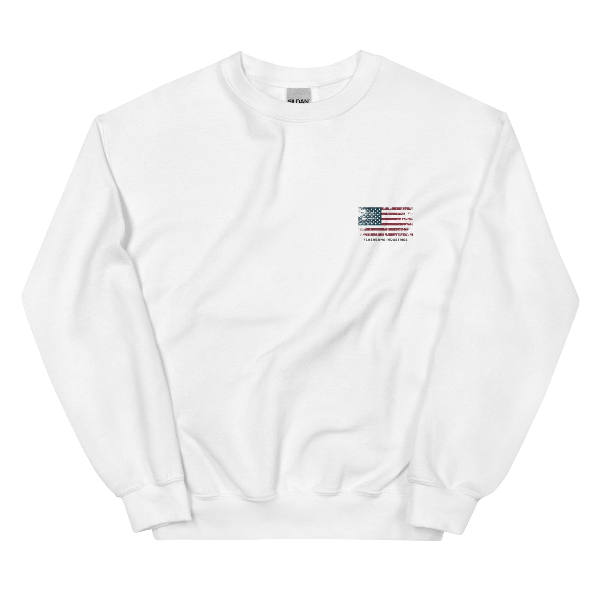 White sweatshirt with a small American flag patch on a white background