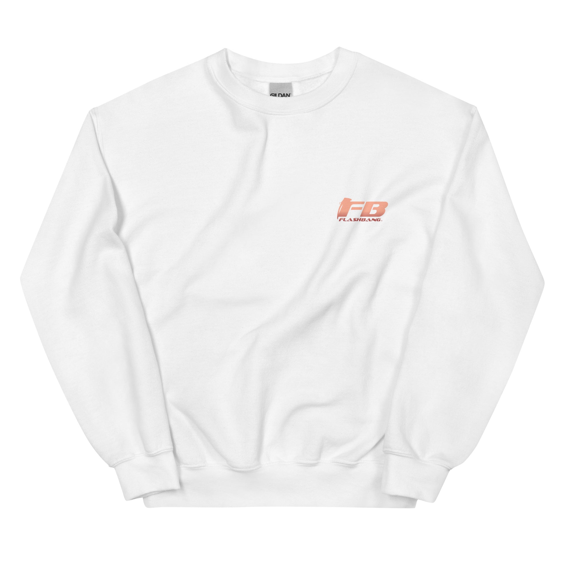 White sweatshirt with a logo on the chest against a white background