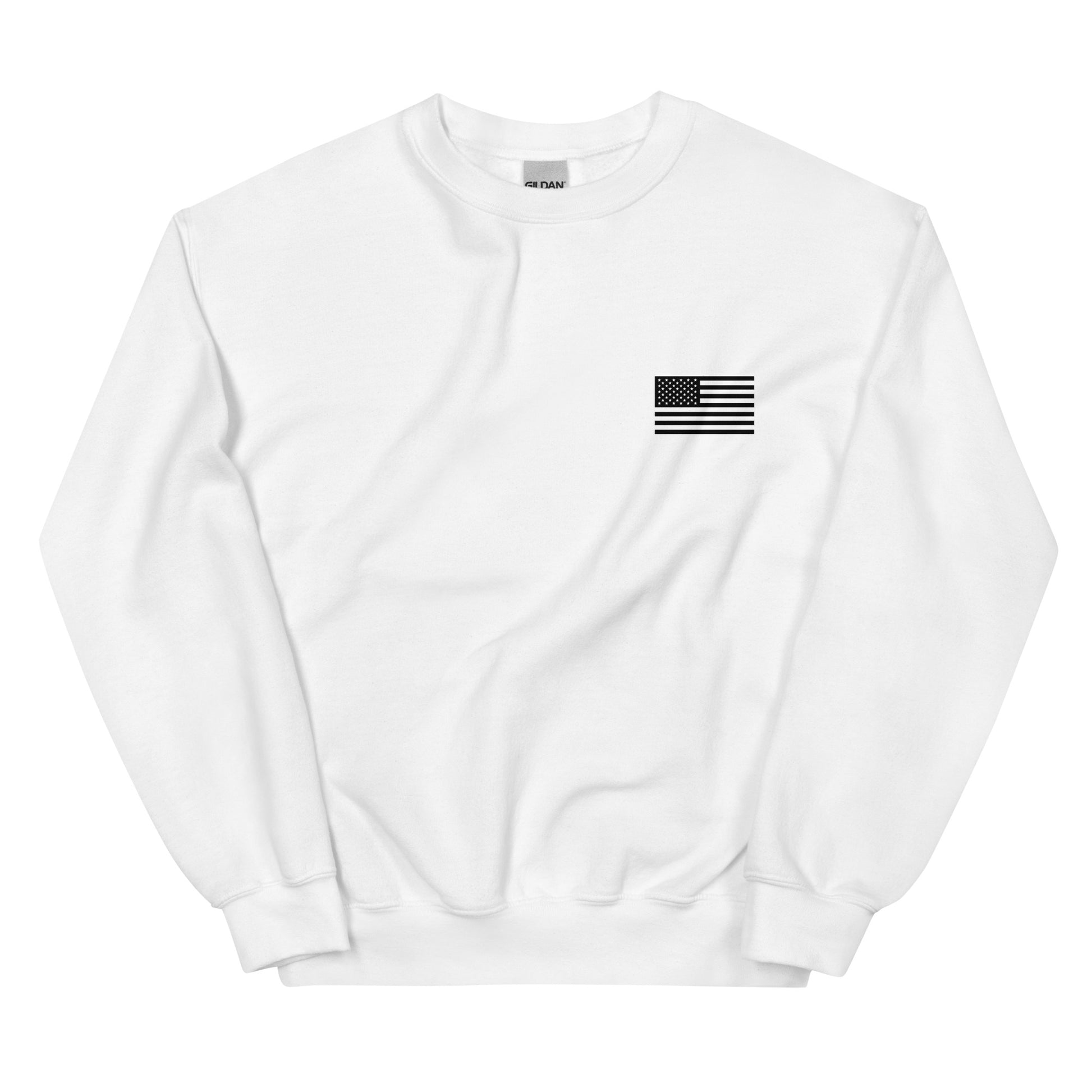 White sweatshirt with a black American flag patch on a white background