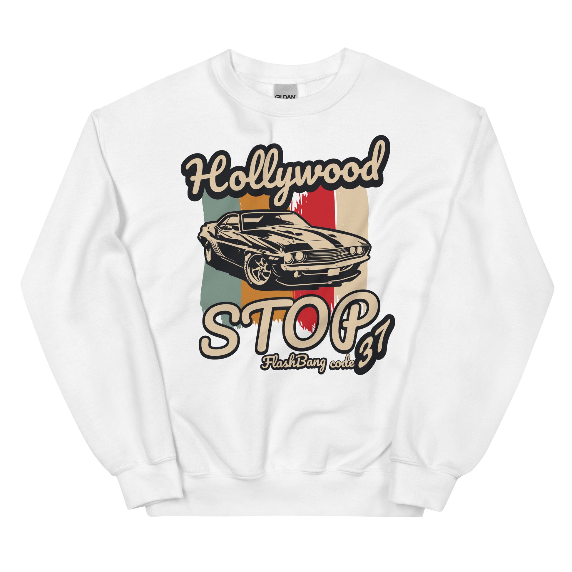 White sweatshirt with a graphic of a car and 'Hollywood Stop' text on a white background