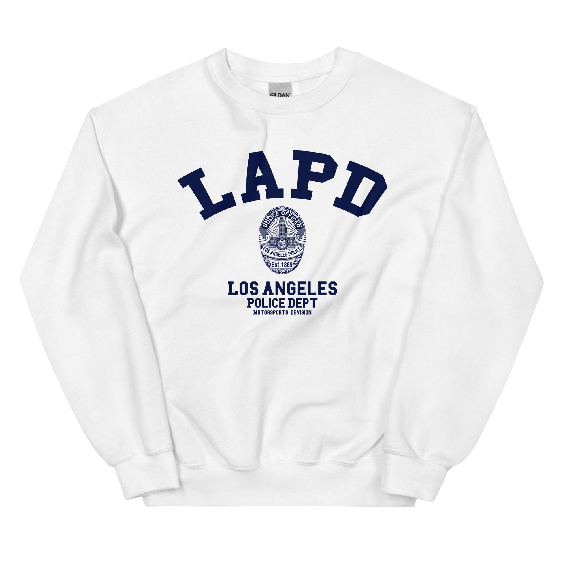 White sweatshirt with LAPD Los Angeles Police Dept logo on a white background
