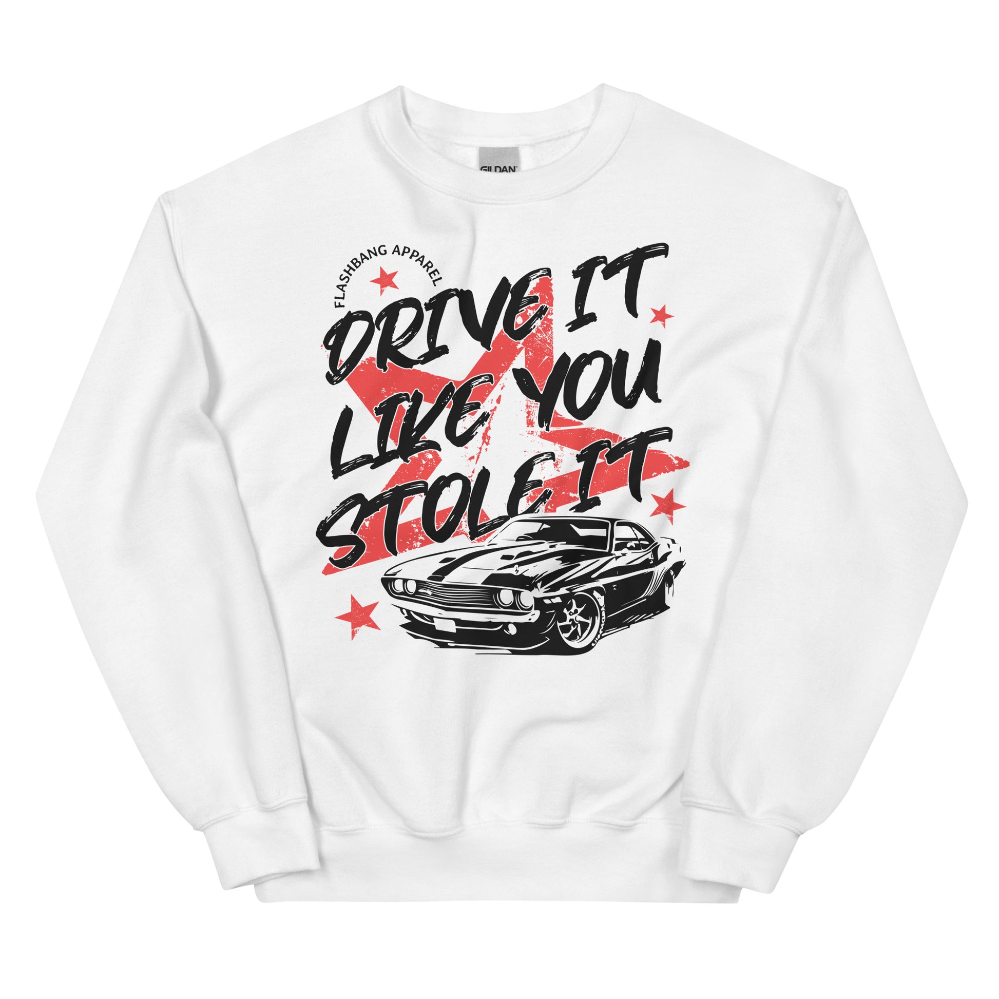 White sweatshirt with graphic design and text on a white background