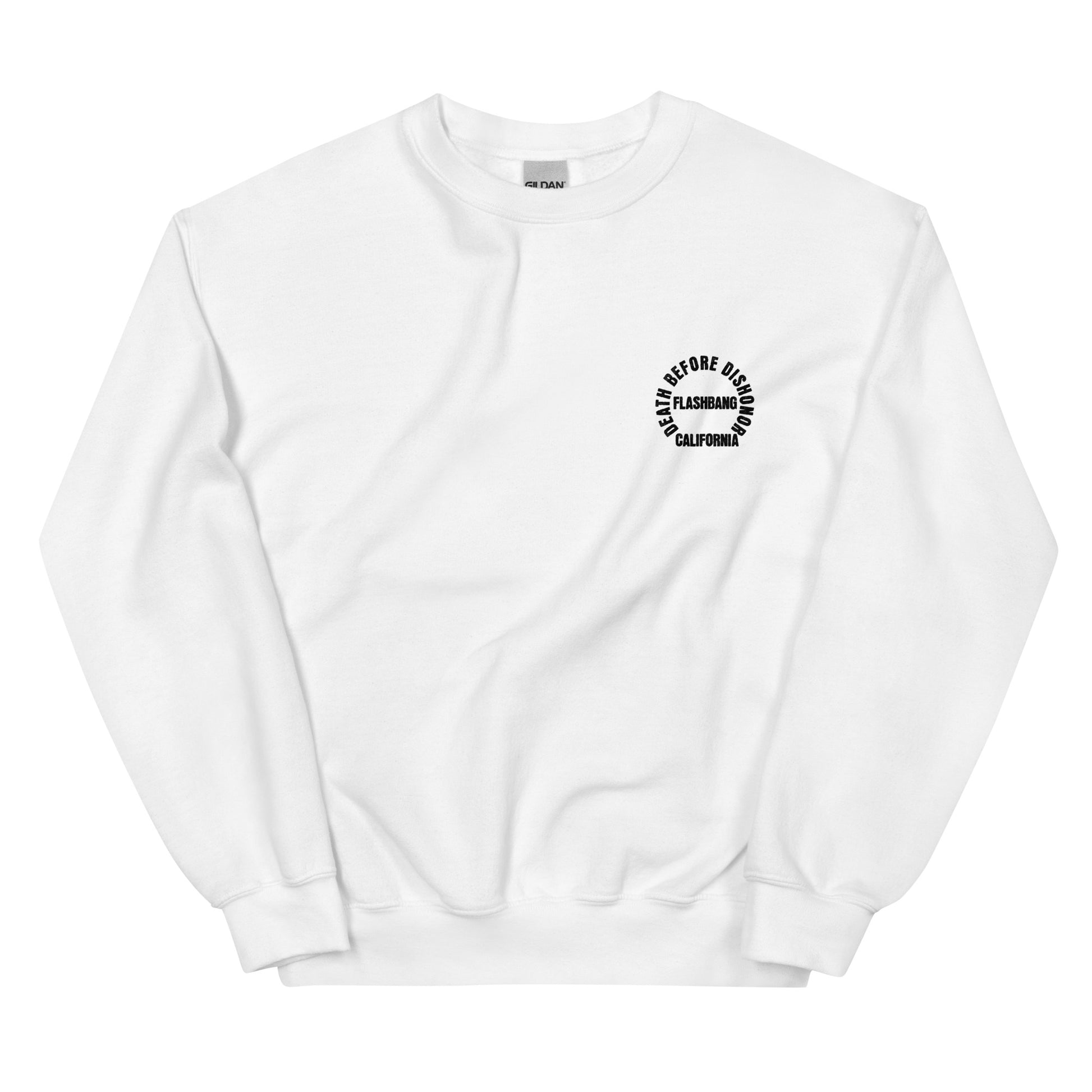 White sweatshirt with black text on a white background