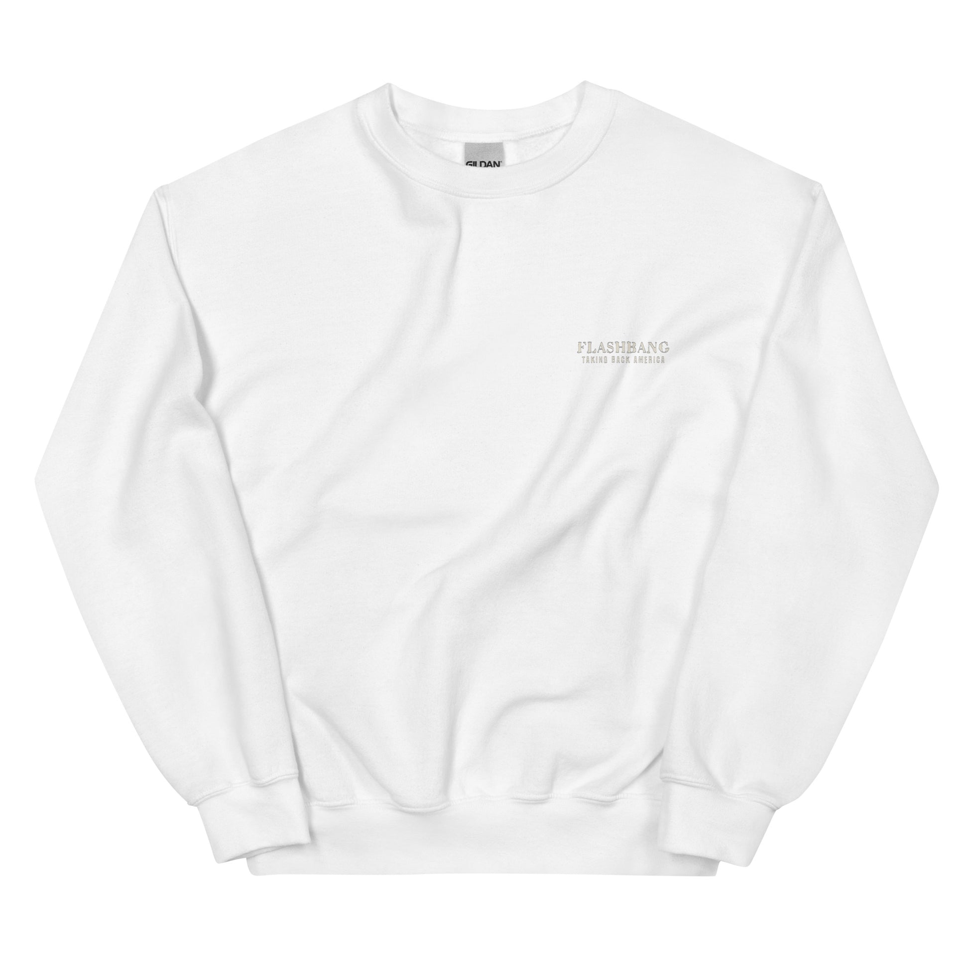 White sweatshirt with a small logo on a white background