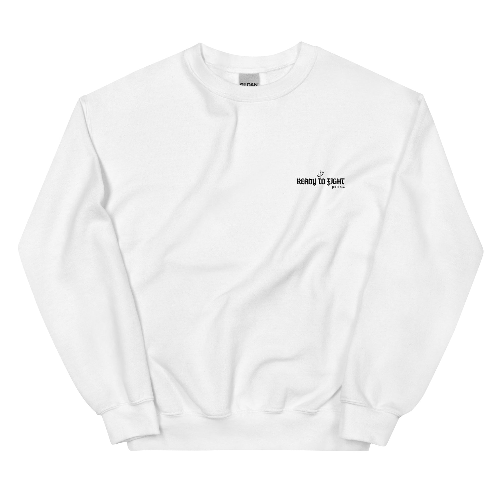 White sweatshirt with text on a white background