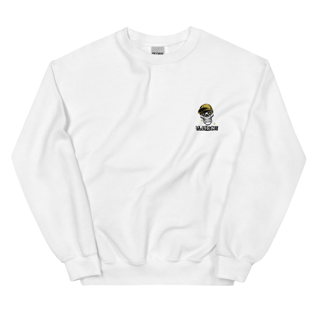 White sweatshirt with a small graphic on the chest against a white background