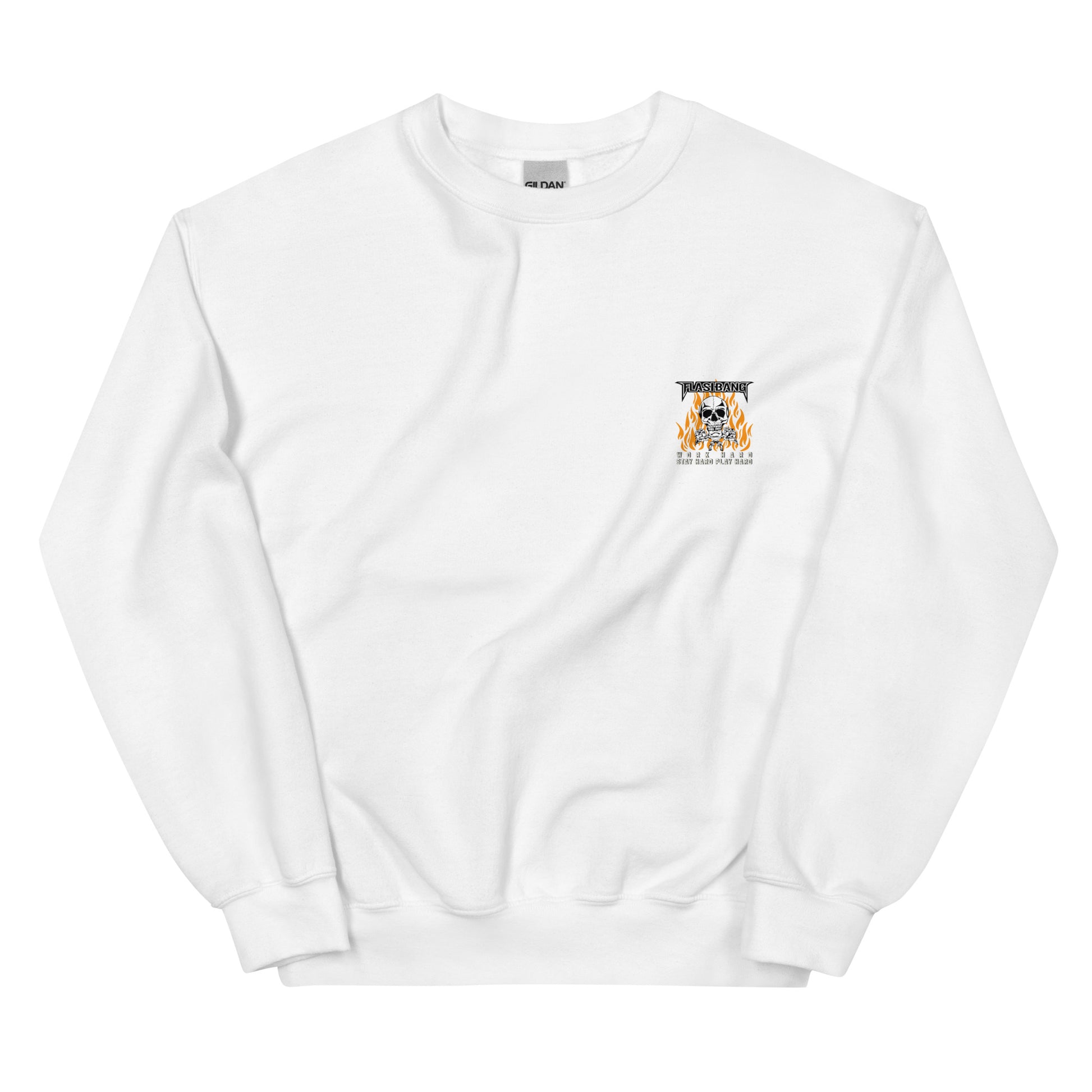 White sweatshirt with a small logo on the chest against a white background