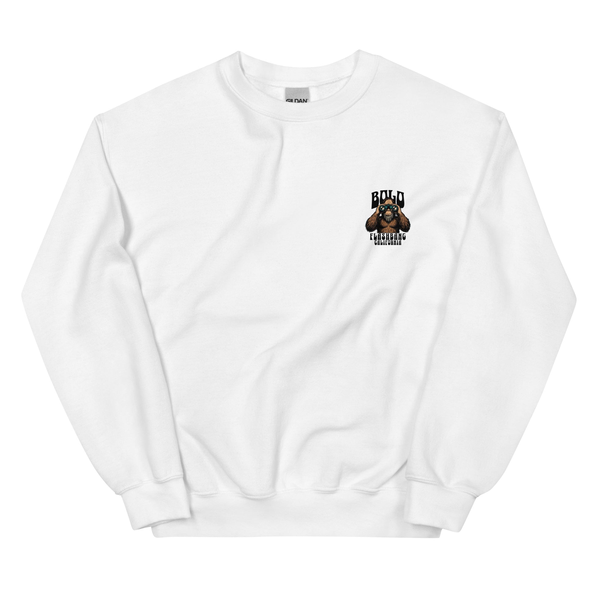 White sweatshirt with a graphic of a dog and text on a white background
