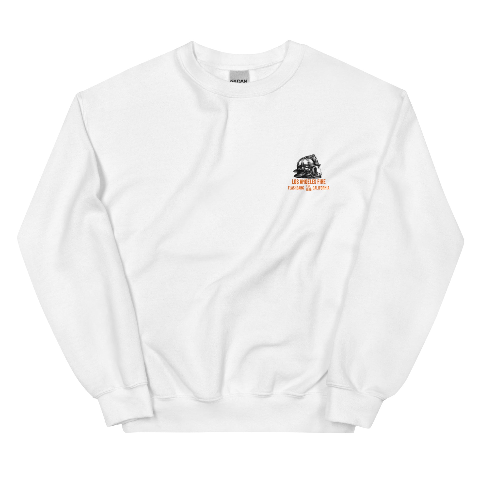 White sweatshirt with a logo on the chest against a white background