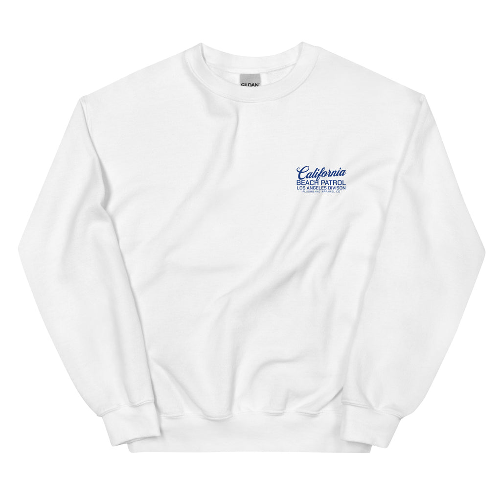 White sweatshirt with 'California Beach Patrol' text on a white background