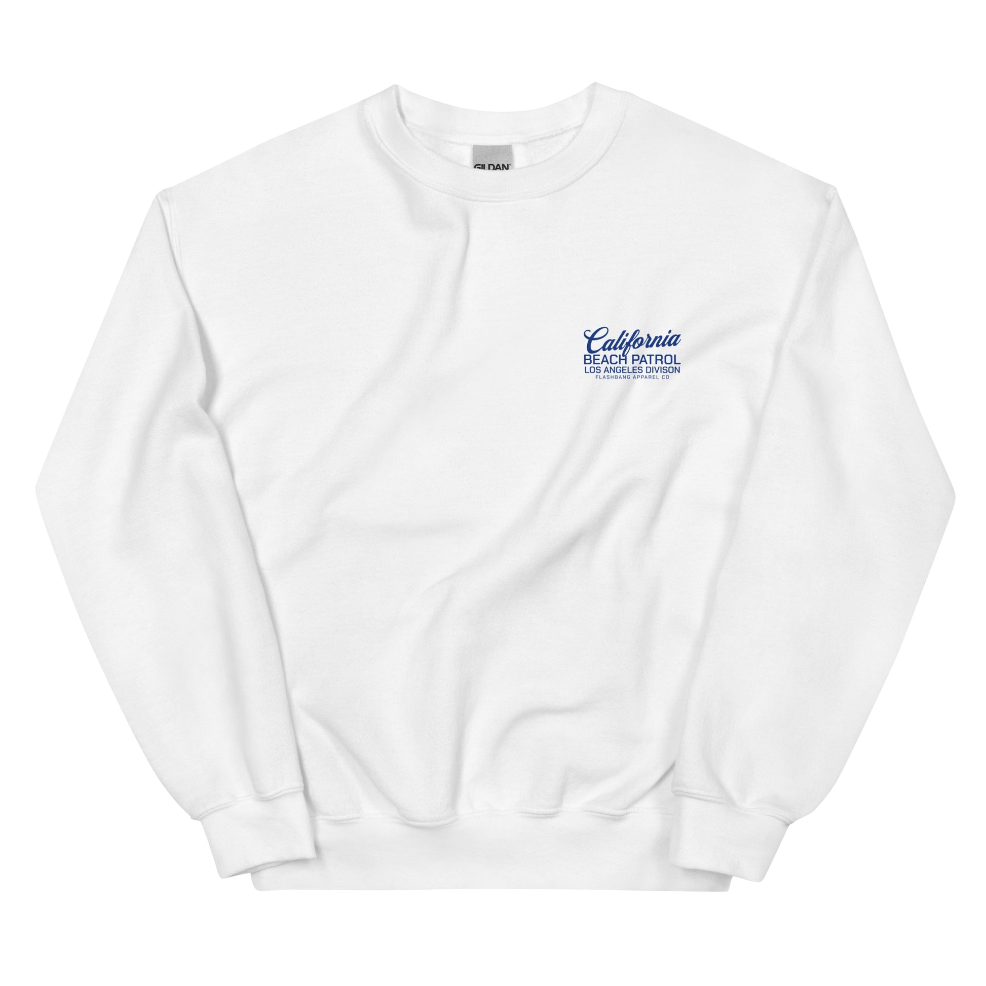 White sweatshirt with 'California Beach Patrol' text on a white background