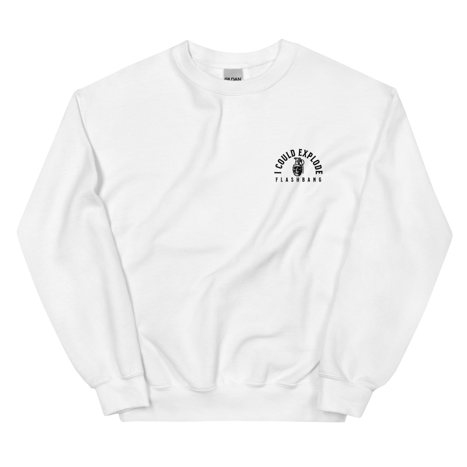 White sweatshirt with a black logo on a white background