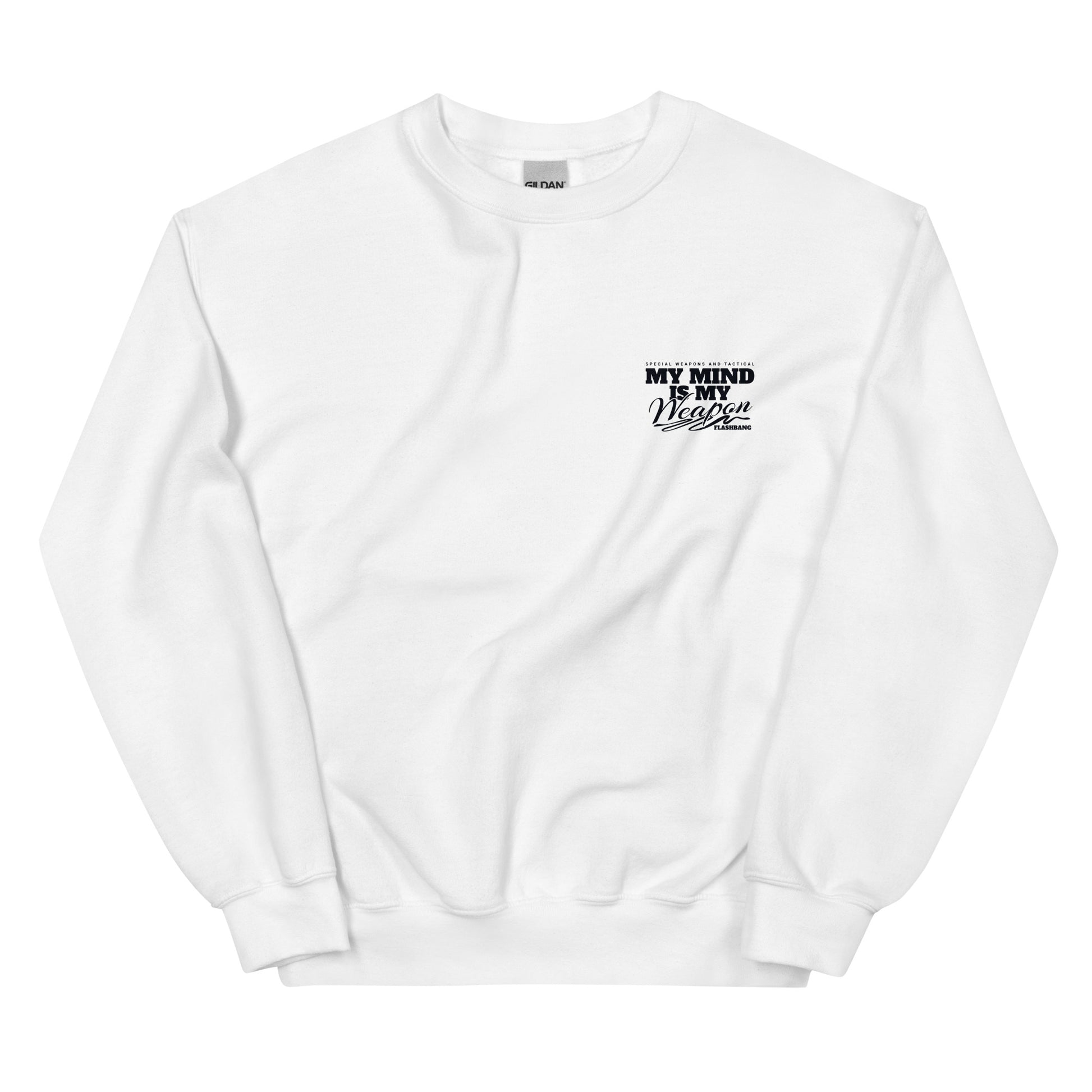 White sweatshirt with black text on a white background