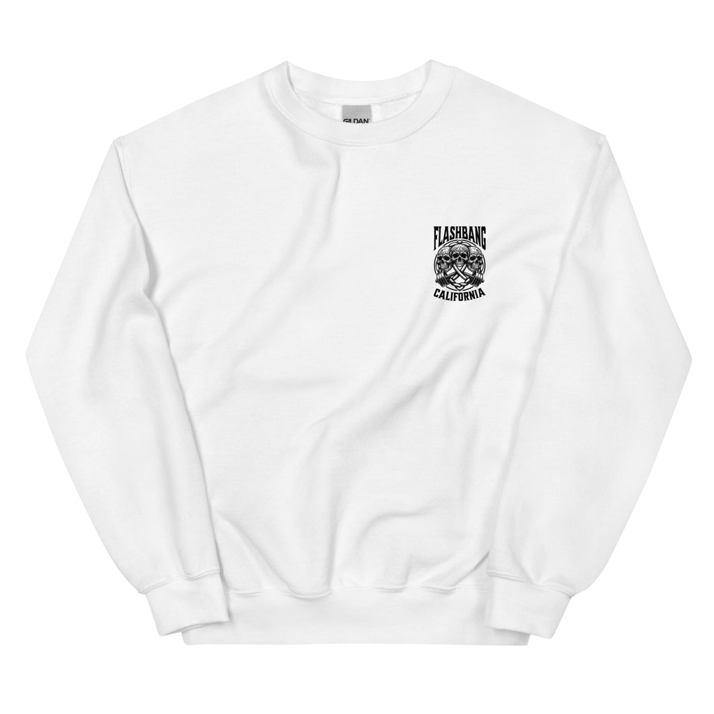 White sweatshirt with black graphic and text on a white background