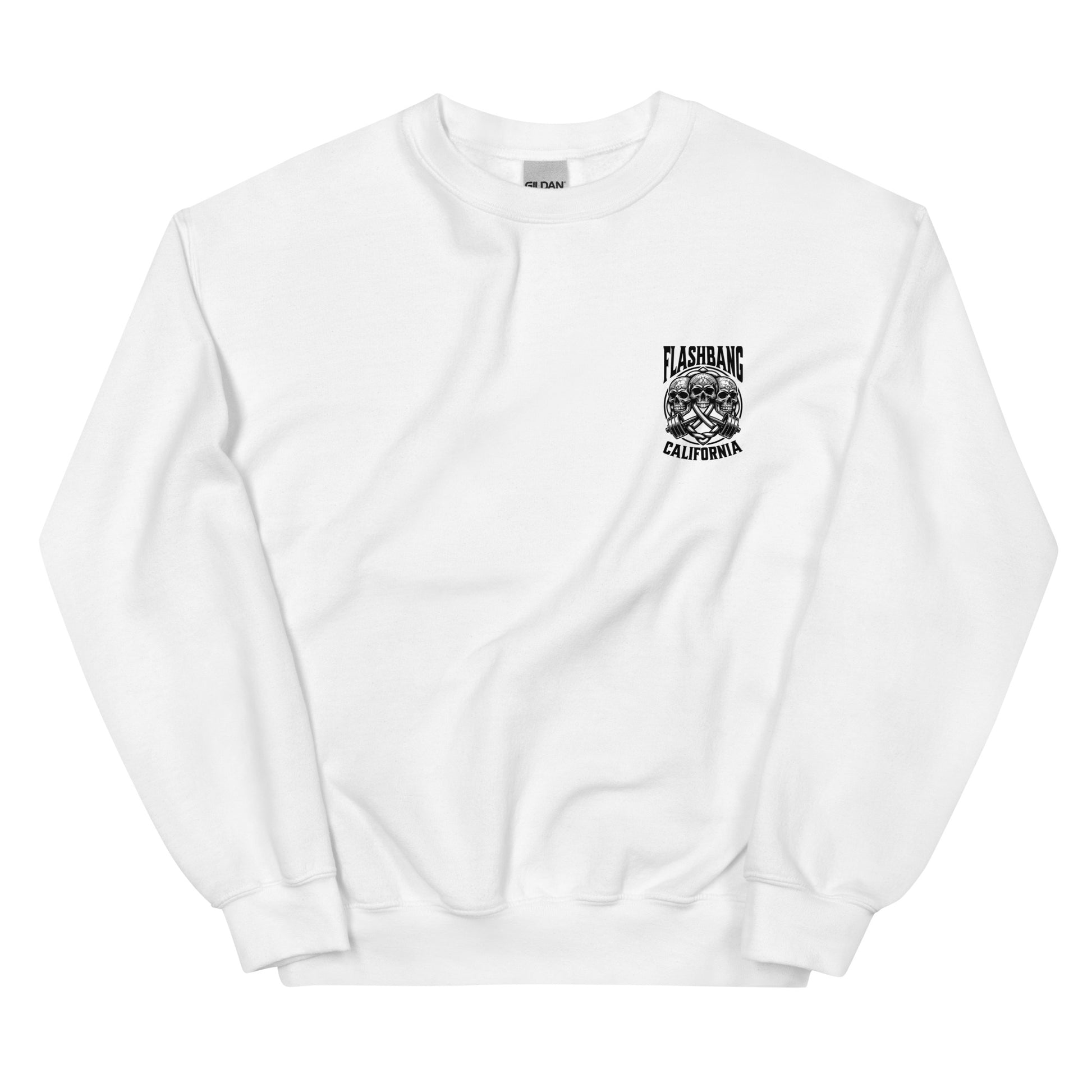 White sweatshirt with black graphic and text on a white background