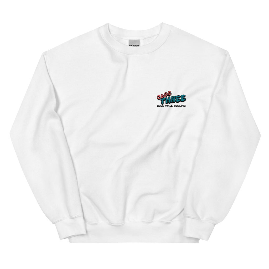 White sweatshirt with colorful text design on a white background