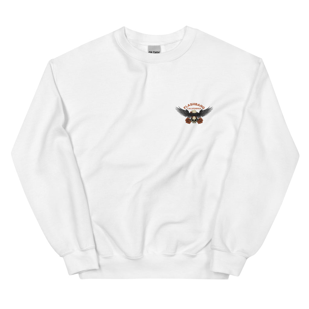 White sweatshirt with a logo on the chest against a white background