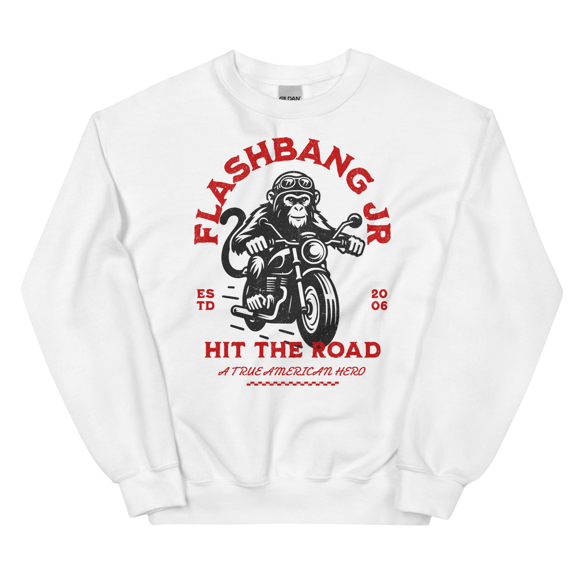 White sweatshirt with monkey on a motorcycle graphic and 'Flashbang Jr' text on a white background