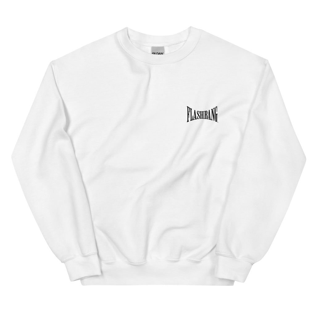 White sweatshirt with 'Flashbang' logo on a white background