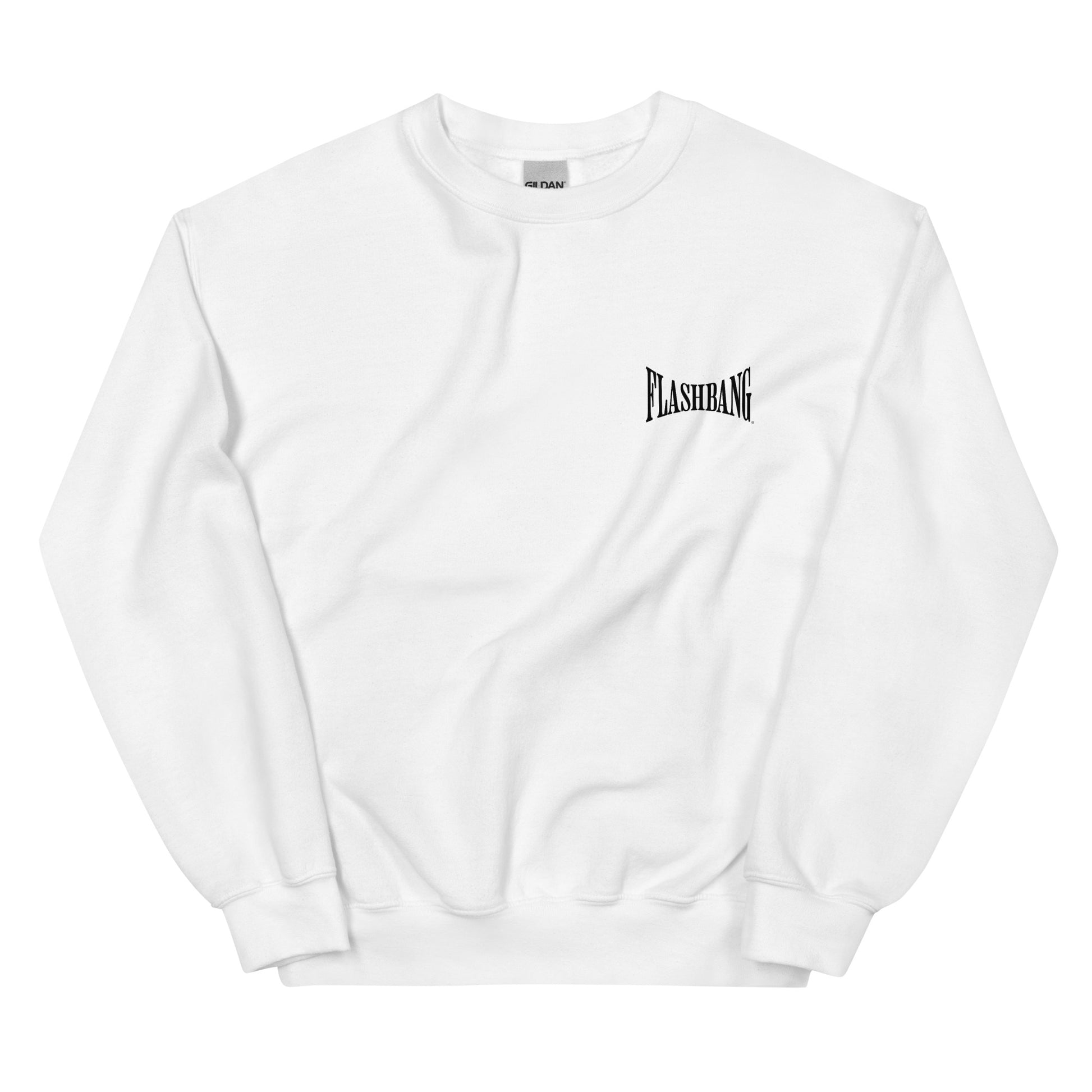 White sweatshirt with 'Flashbang' logo on a white background
