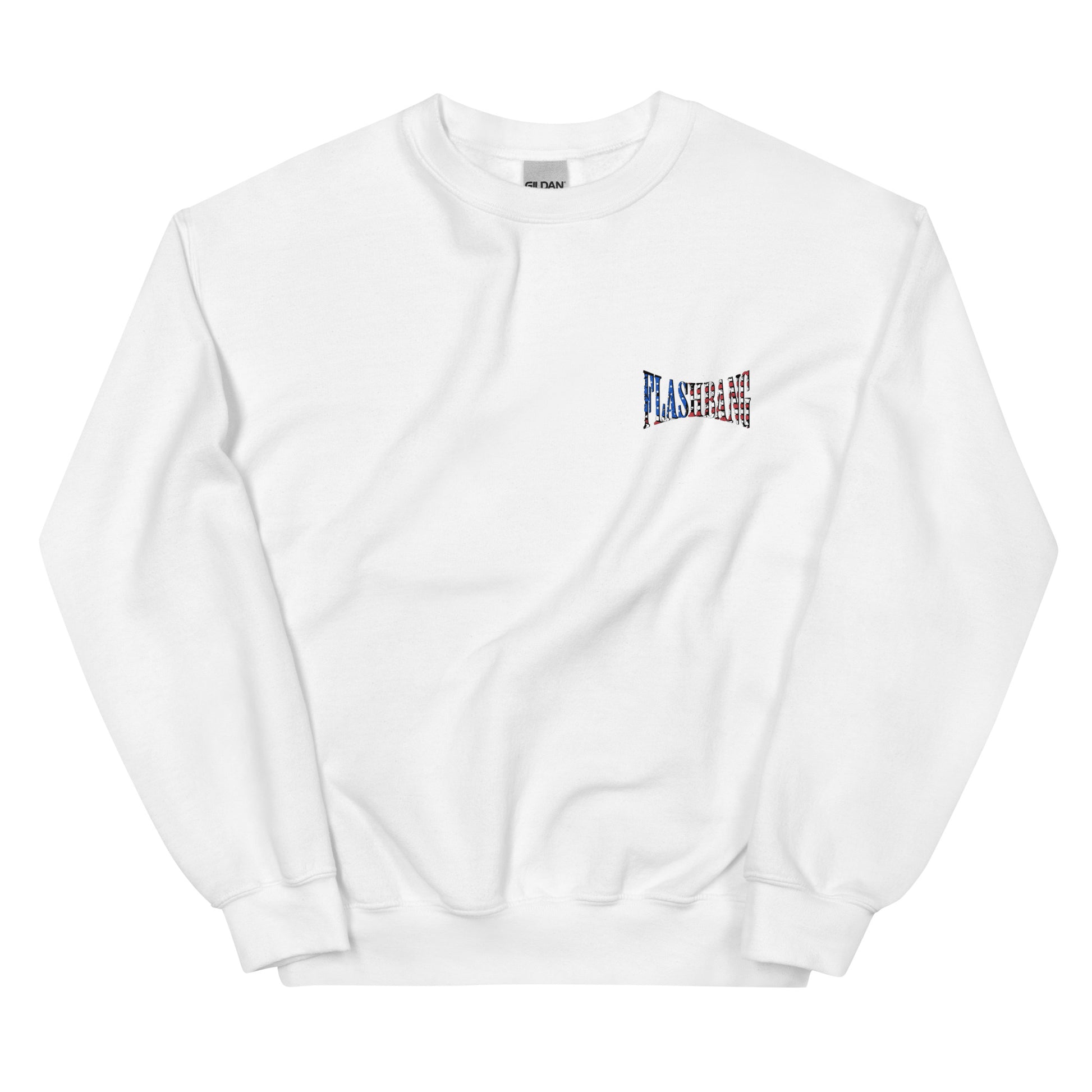 White sweatshirt with a small logo on the chest against a white background