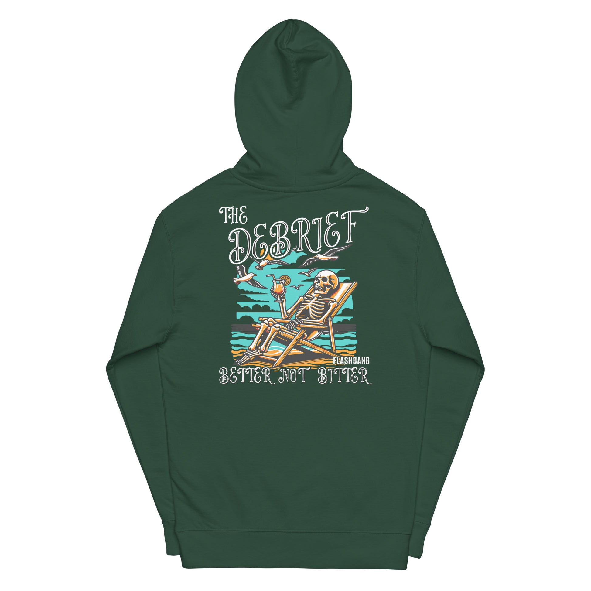 Green hoodie with a skeleton design and text on the back against a white background