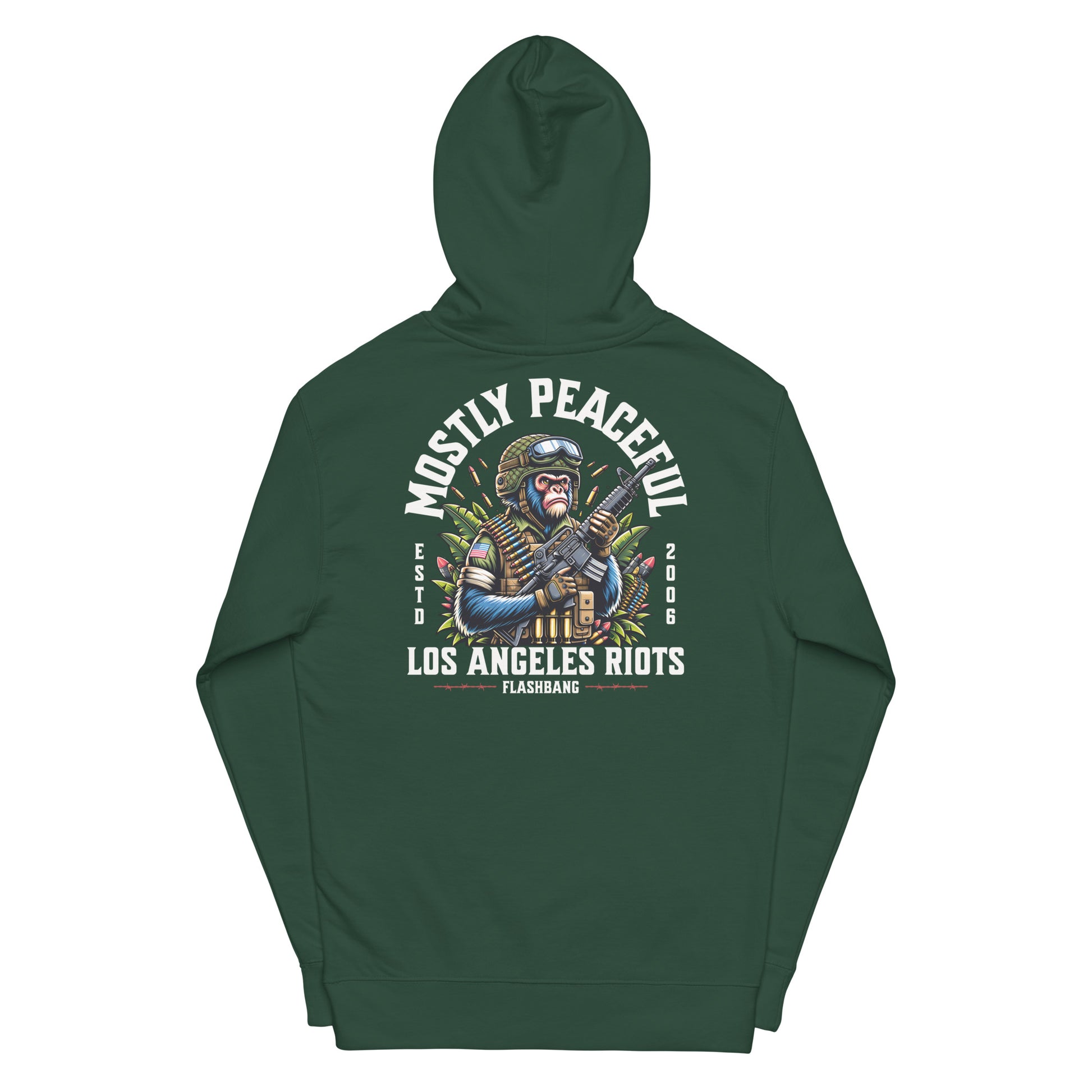 Green hoodie with graphic design on the back on a white background