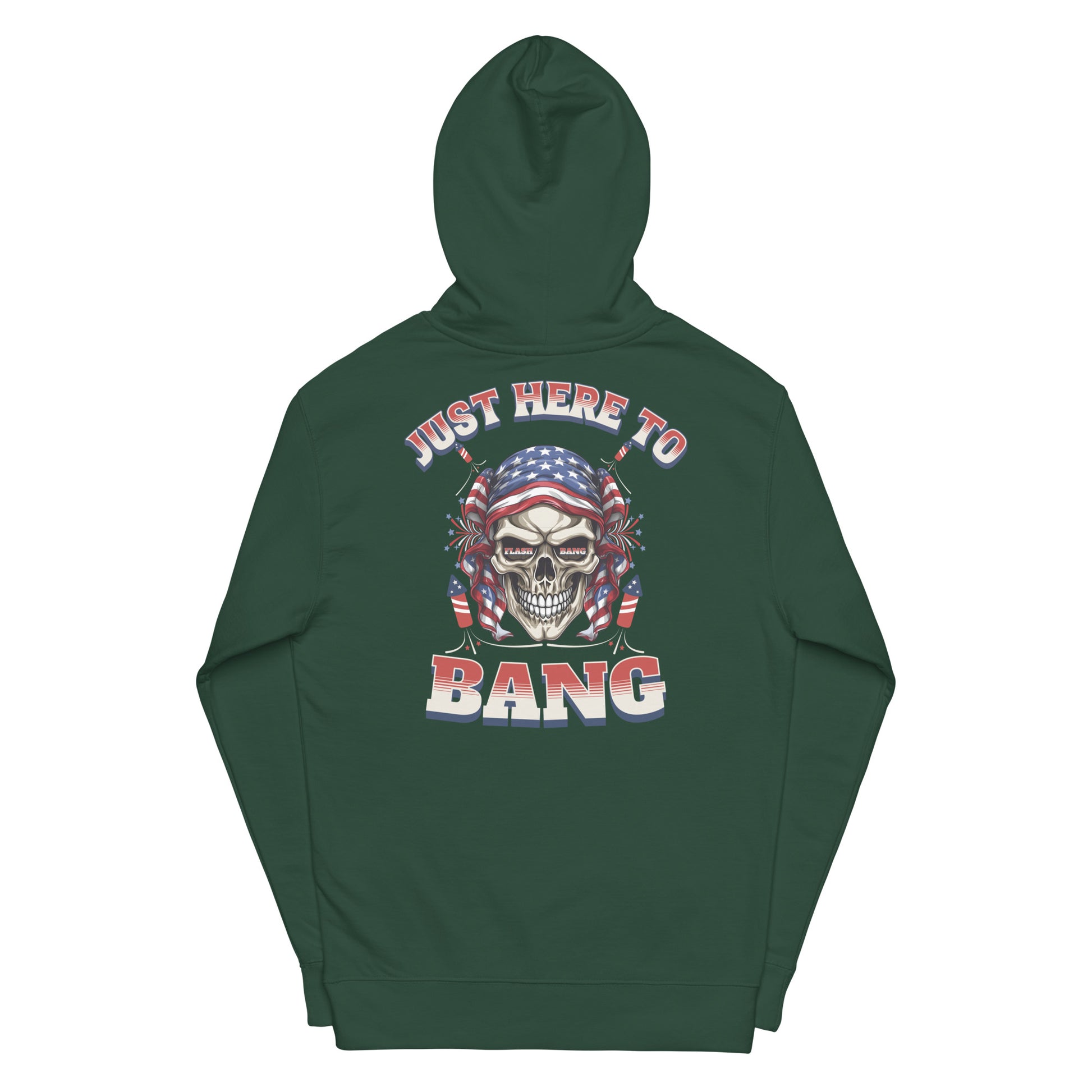 Green hoodie with a skull design and text on the back against a white background