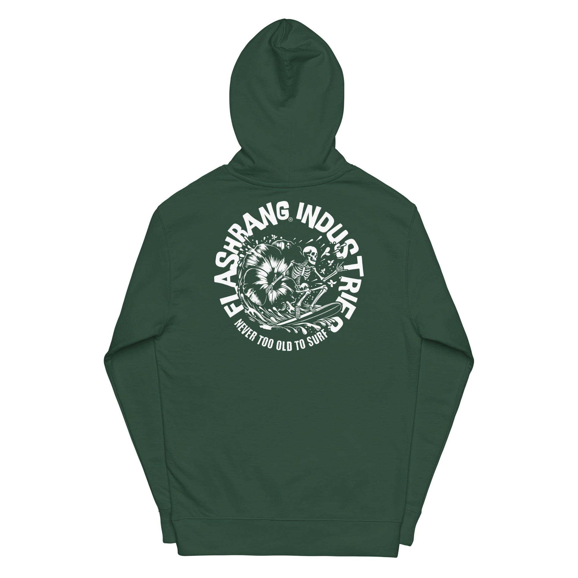Green hoodie with white graphic and text on a white background