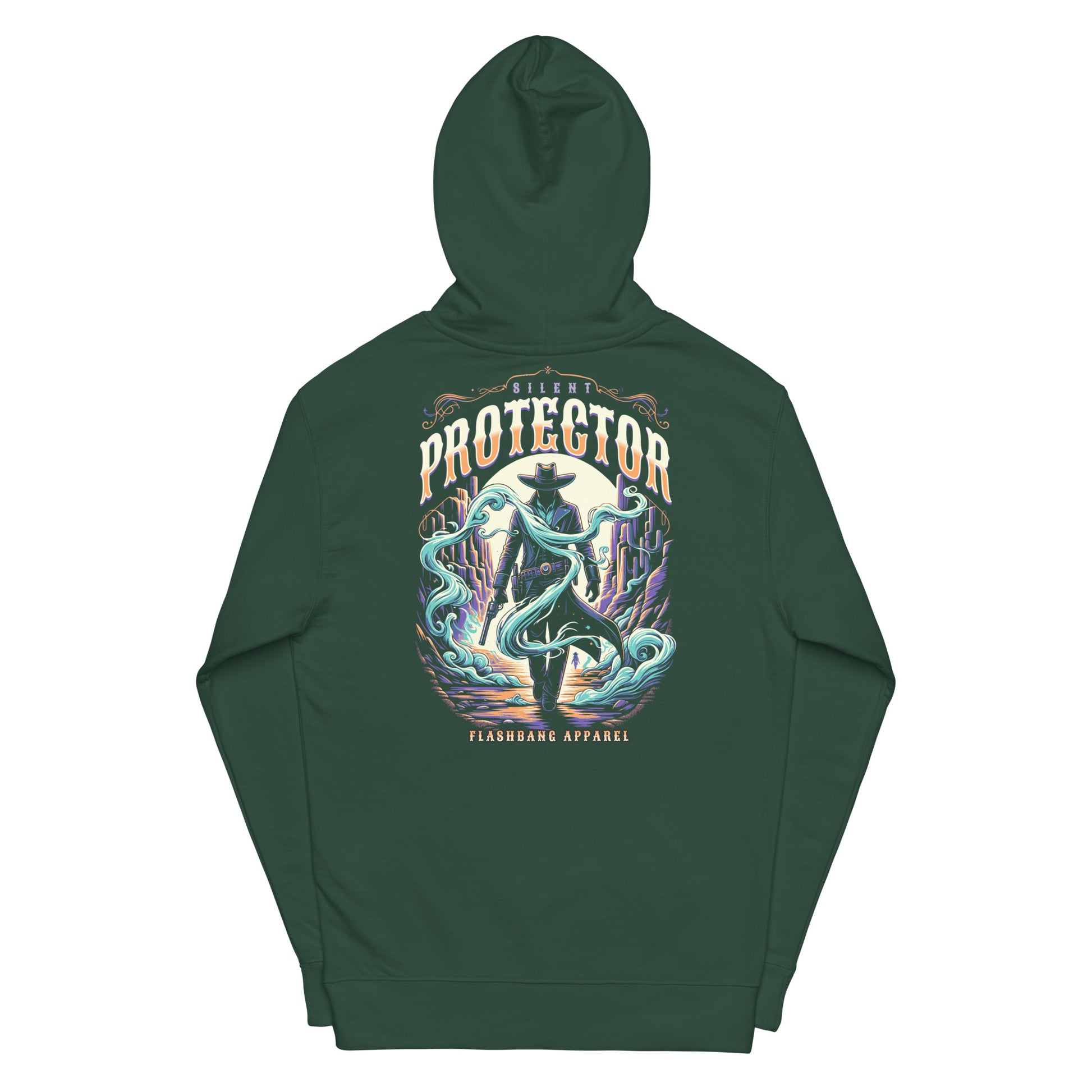 Green hoodie with a colorful graphic design on the back, featuring the text 'Protector' and 'Flashbang Apparel'.