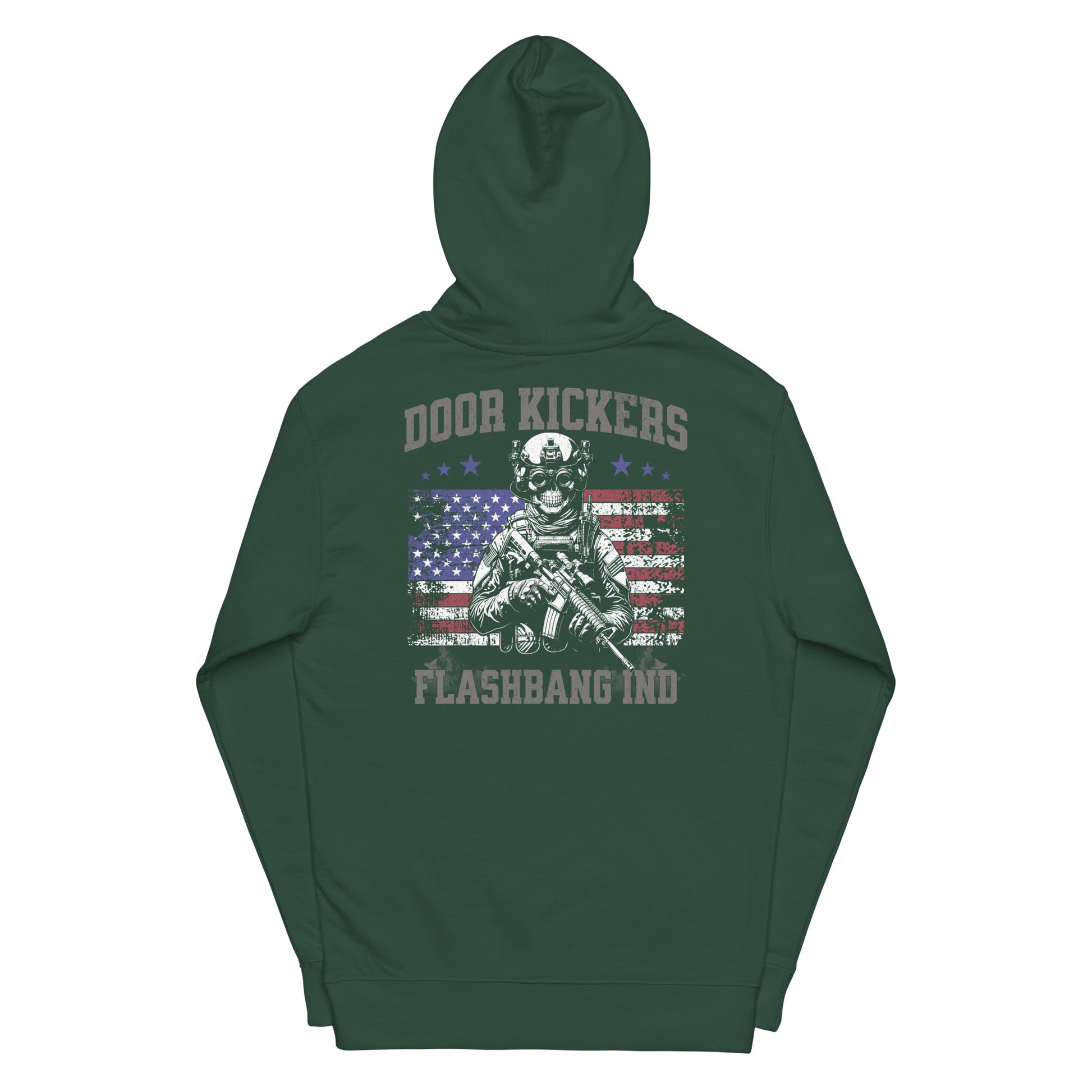 Green hoodie with 'Door Kickers Flashbang Ind' graphic on a white background