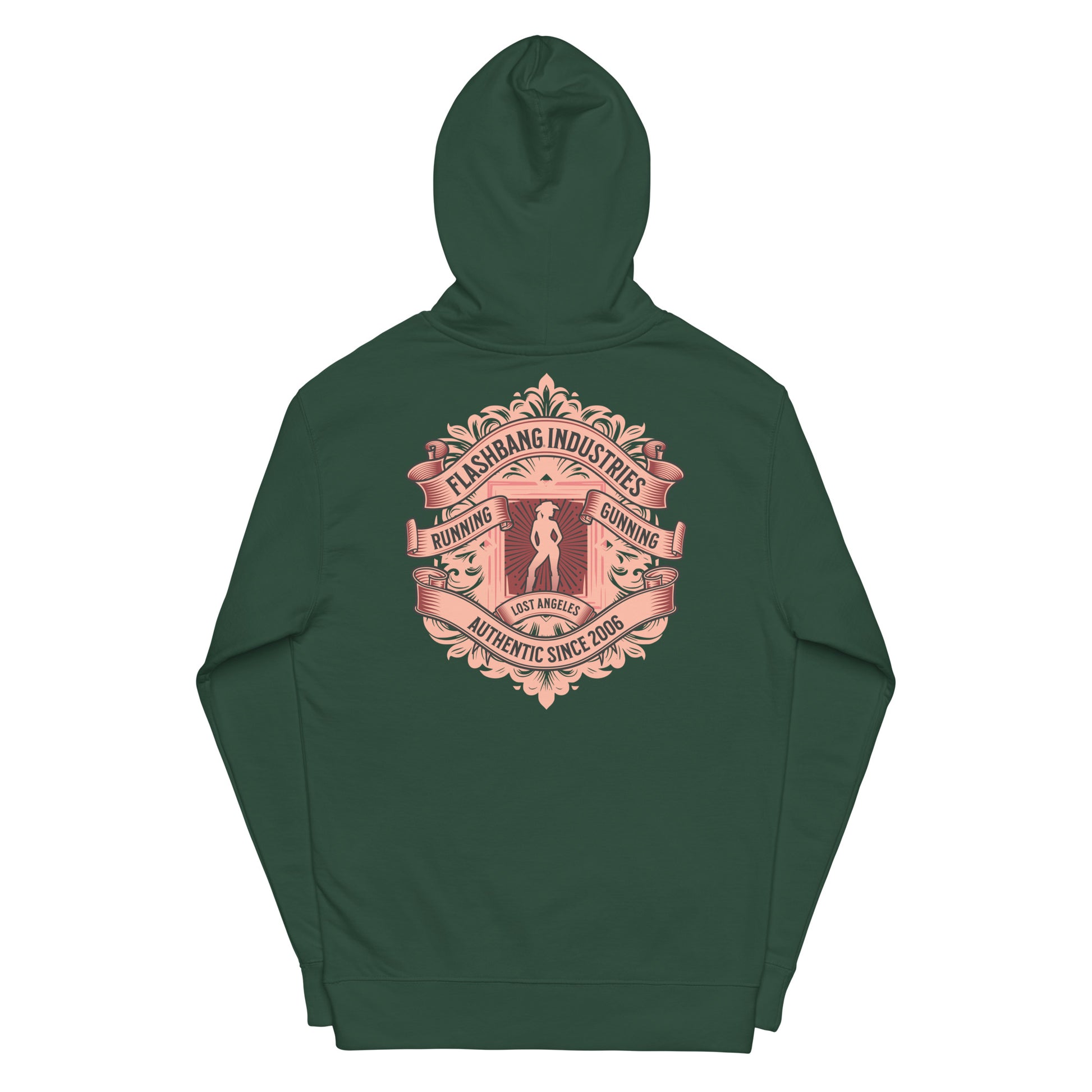 Green hoodie with a pink graphic on the back against a white background
