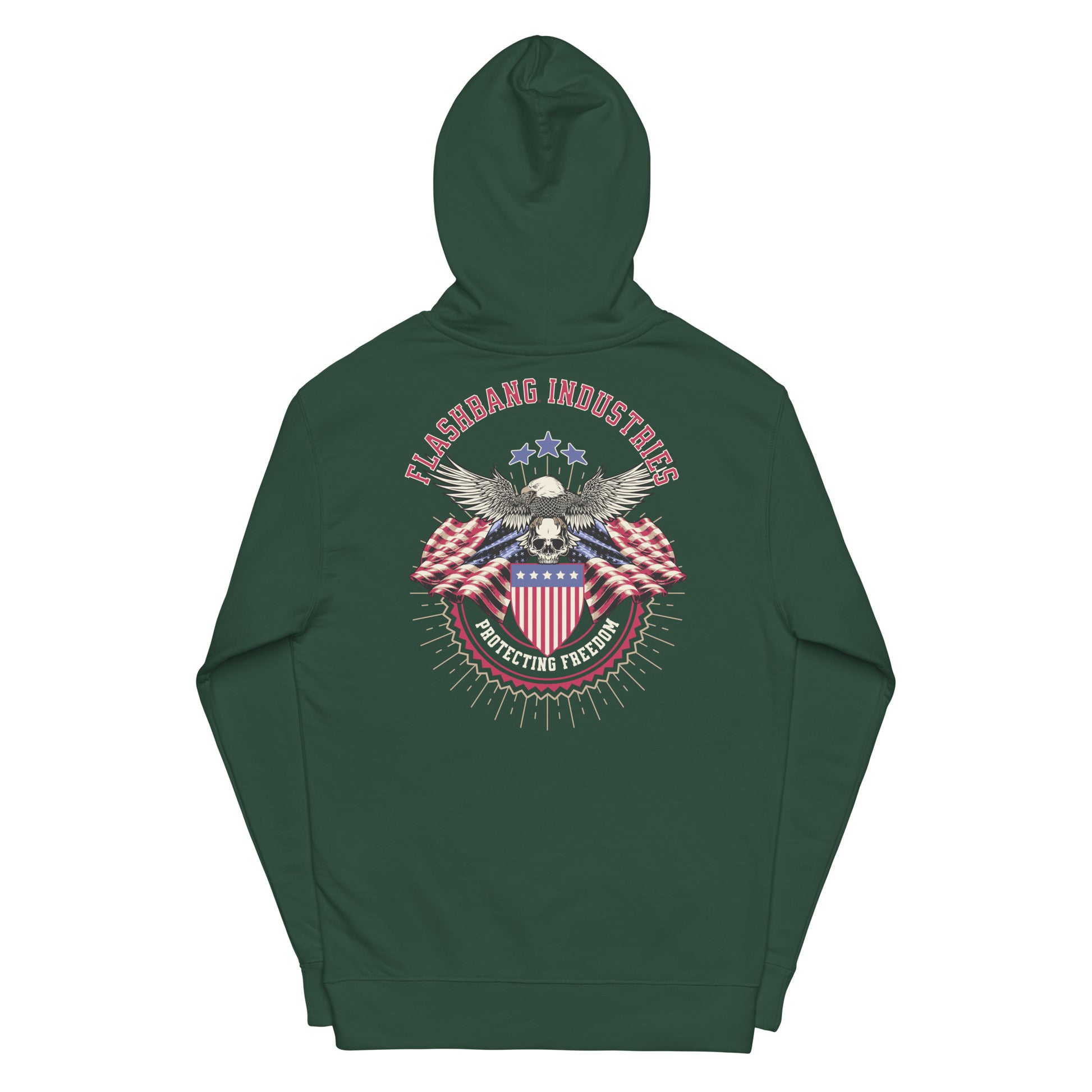Green hoodie with an eagle and flag design on the back against a white background