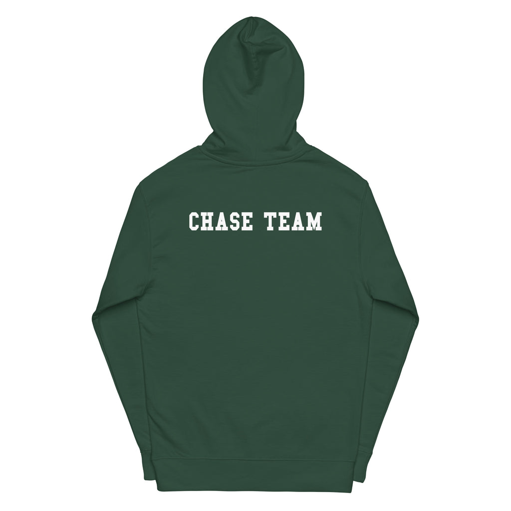 Green hoodie with 'CHASE TEAM' text on the back against a white background