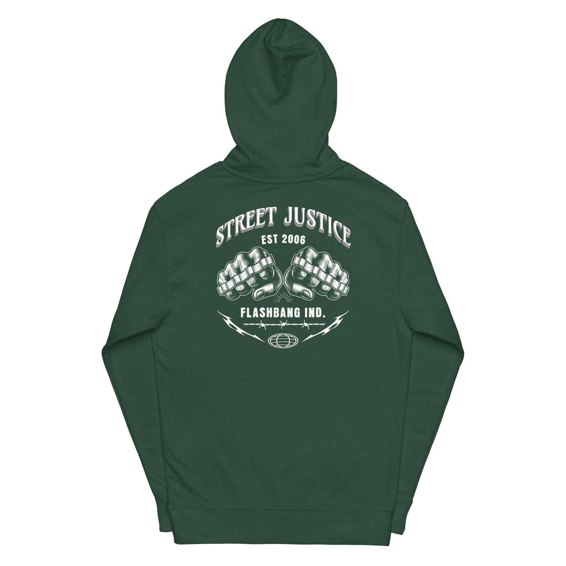 Green hoodie with 'Street Justice' and 'Flashbang Ind.' text on the back against a white background
