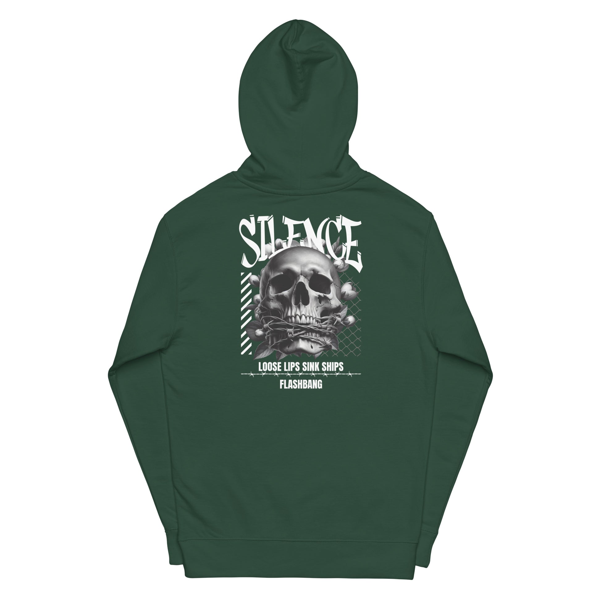 Green hoodie with skull graphic and text on the back against a white background
