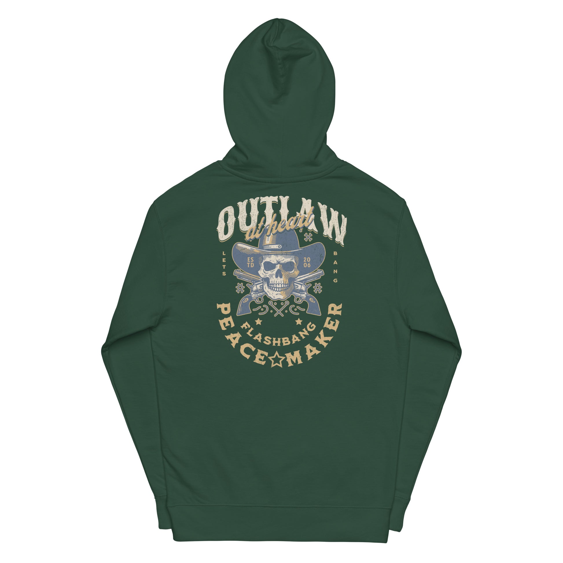 Green hoodie with a skull graphic and text on the back against a white background