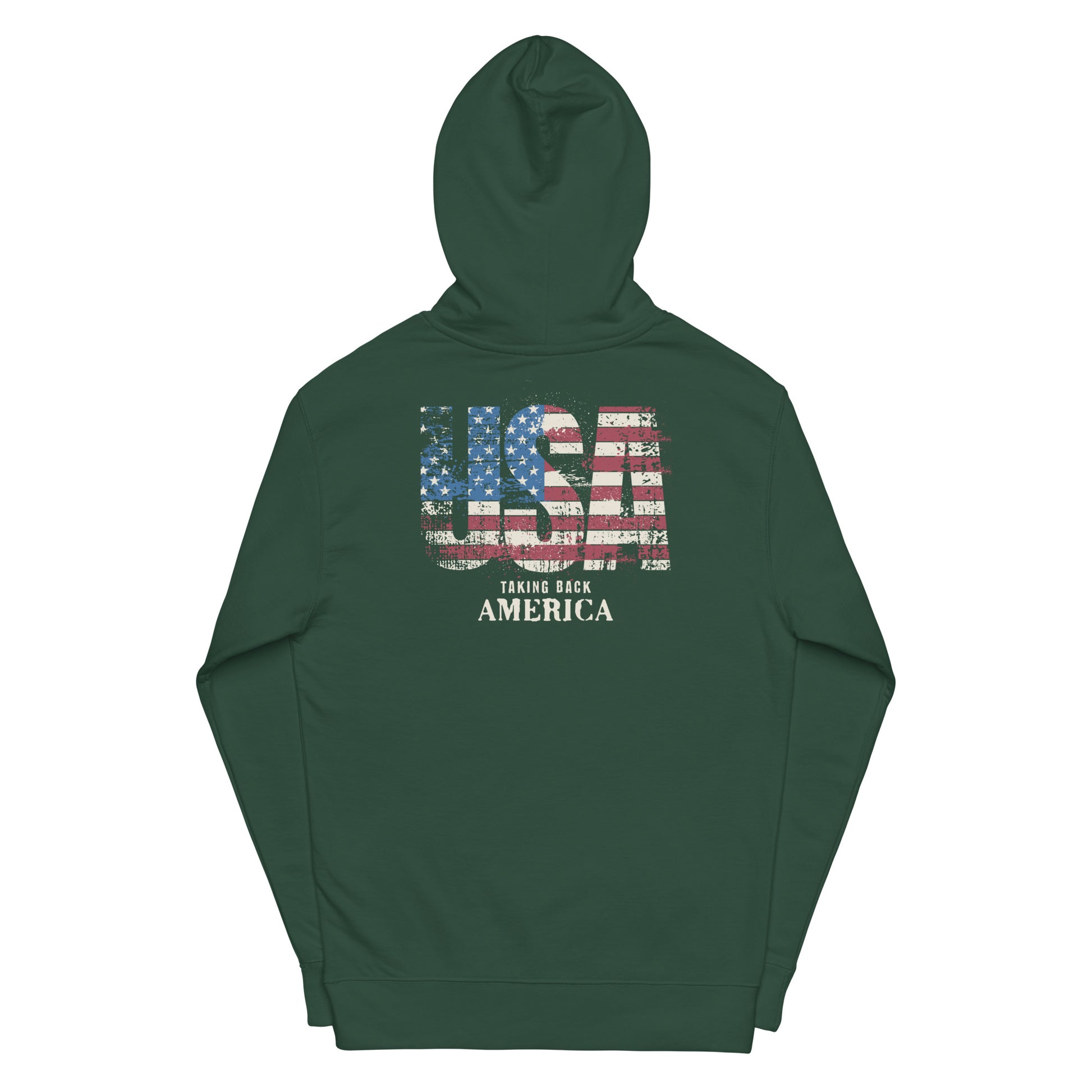 Green hoodie with USA text and flag design on a white background