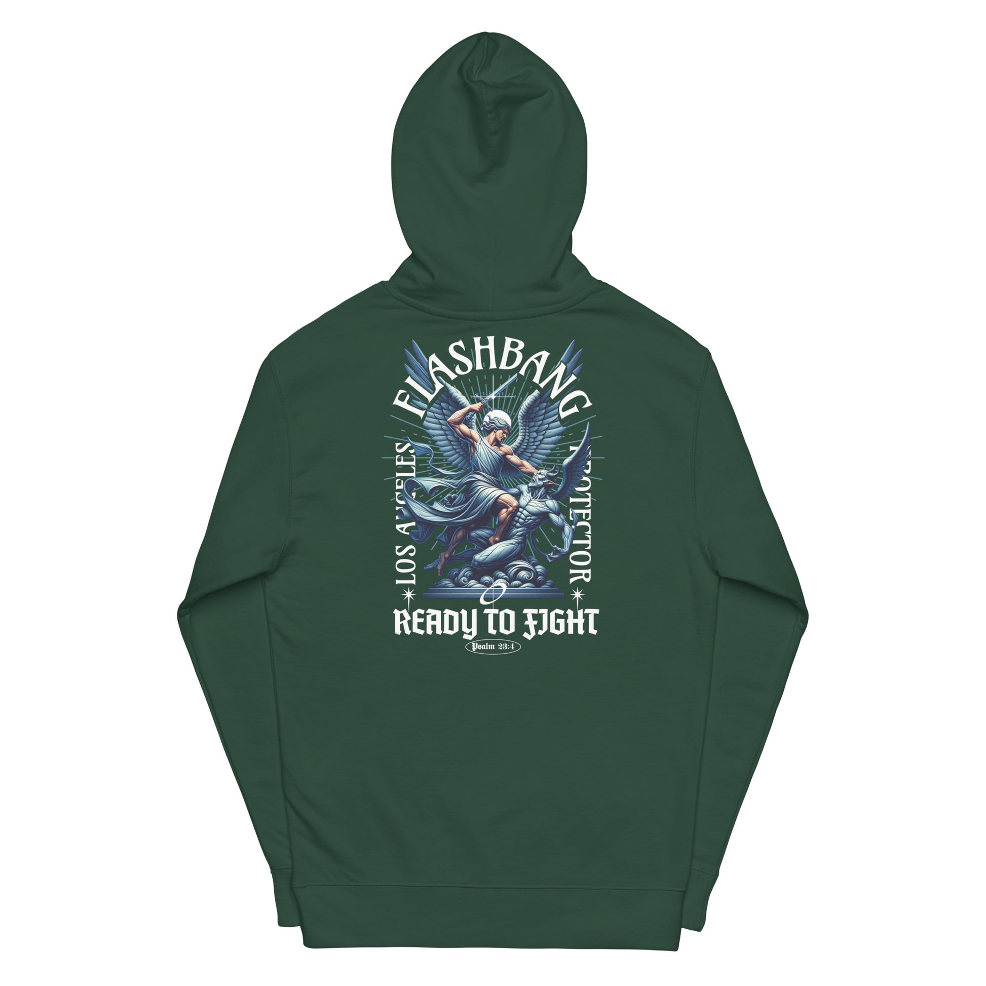 Green hoodie with graphic design on the back on a white background
